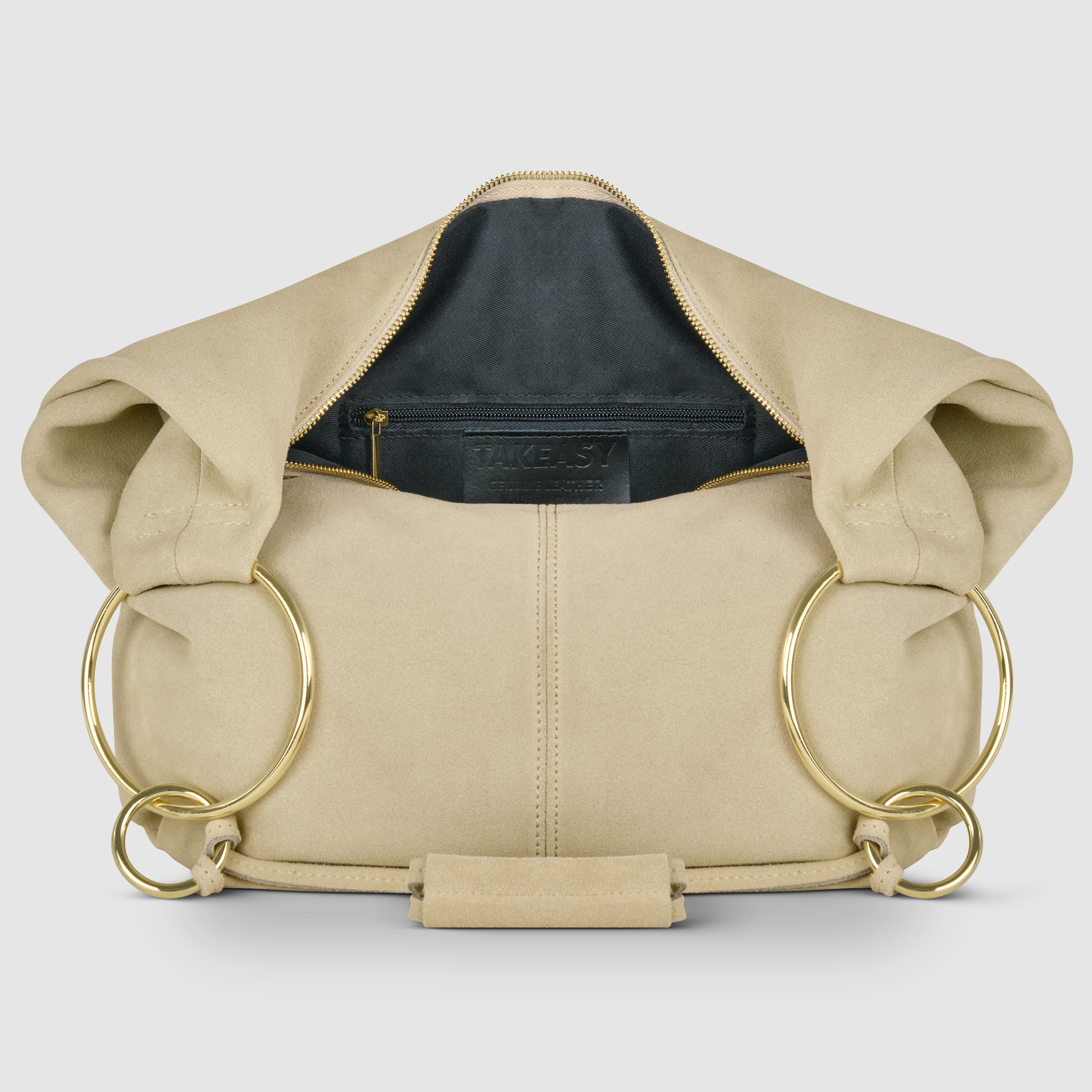 Italian Genuine Suede Slouchy Hobo Bag with Ring Details