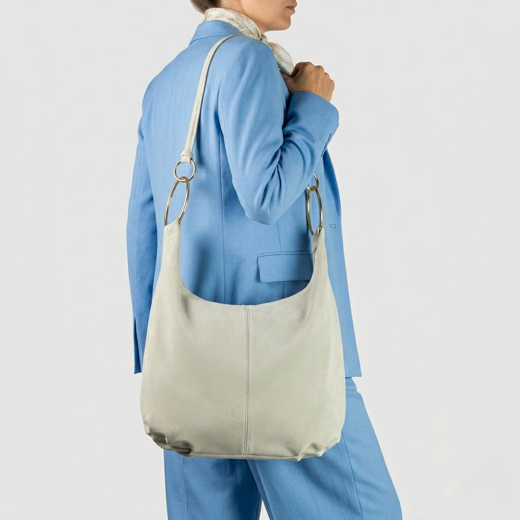 Italian Genuine Suede Slouchy Hobo Bag with Ring Details
