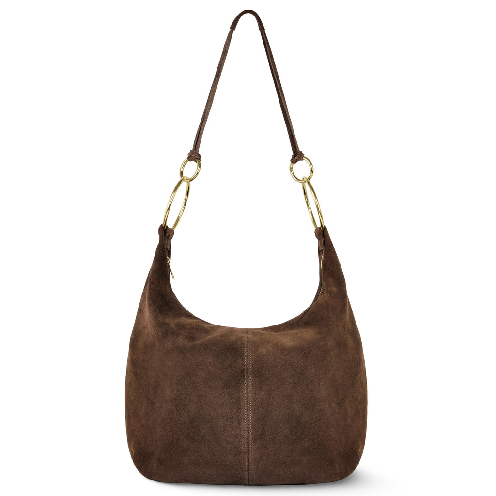 A soft-structured Italian suede hobo bag in brown and charcoal-gray with sculptural ring details.