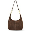 A soft-structured Italian suede hobo bag in brown and charcoal-gray with sculptural ring details.