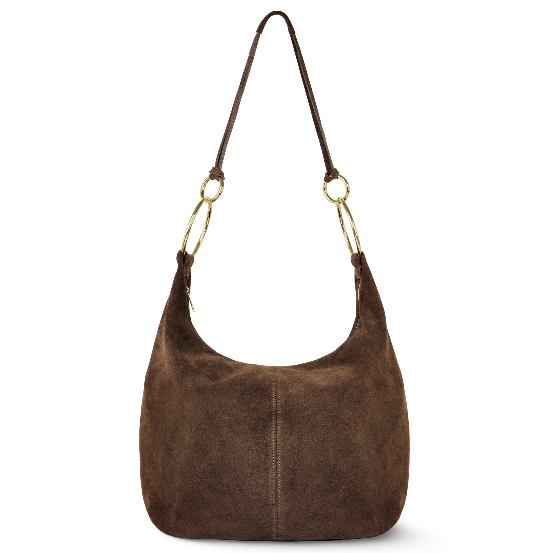 A soft-structured Italian suede hobo bag in brown and charcoal-gray with sculptural ring details.