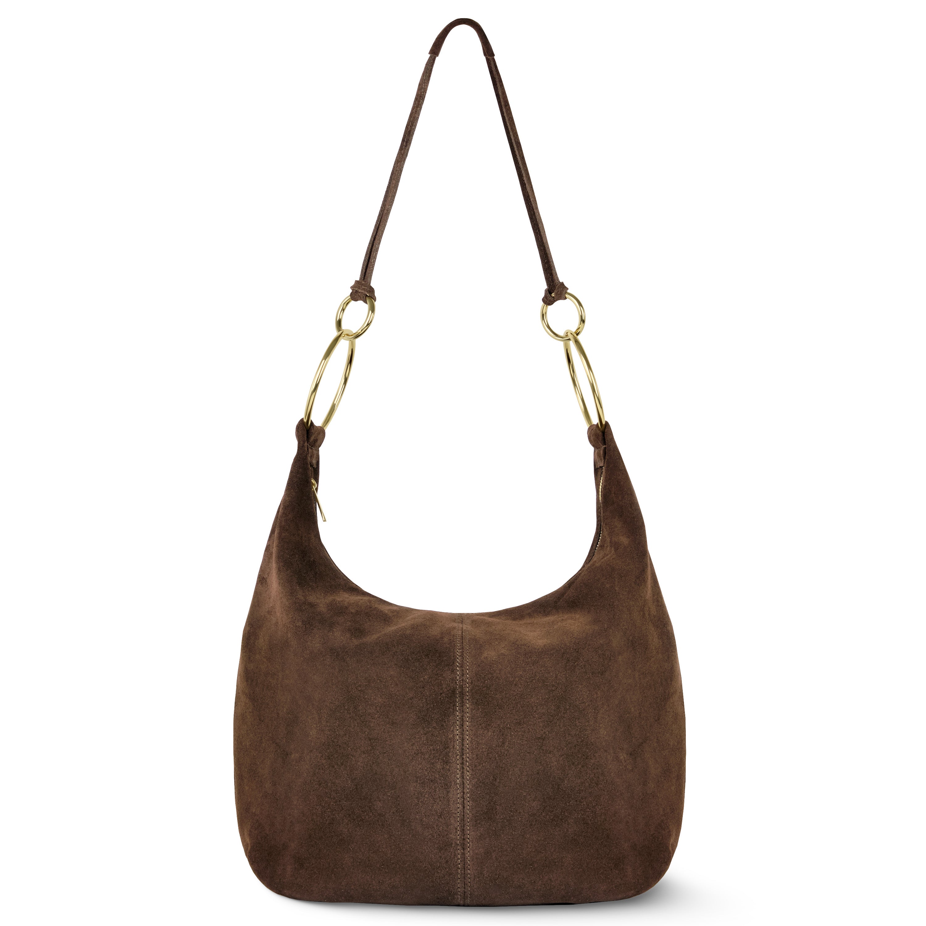 A soft-structured Italian suede hobo bag in brown and charcoal-gray with sculptural ring details.