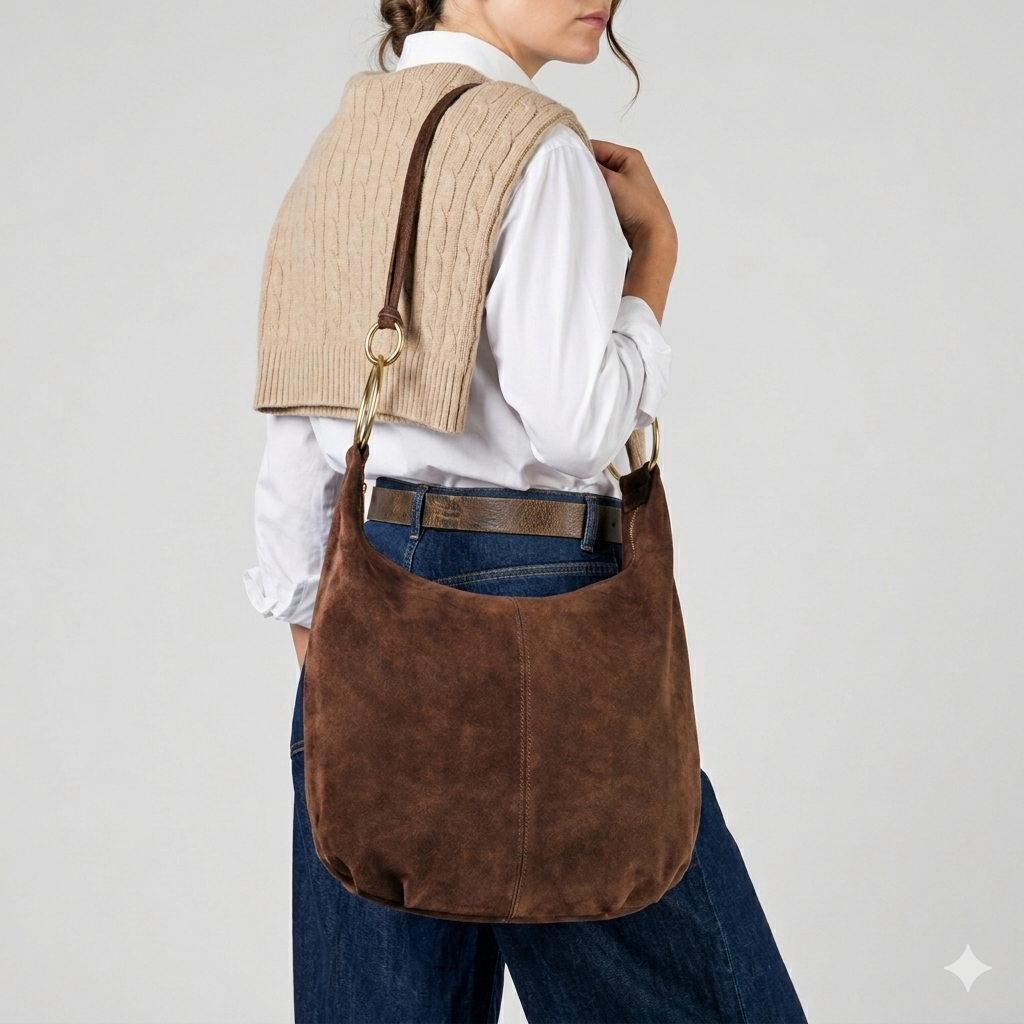 Italian Genuine Suede Slouchy Hobo Bag with Ring Details
