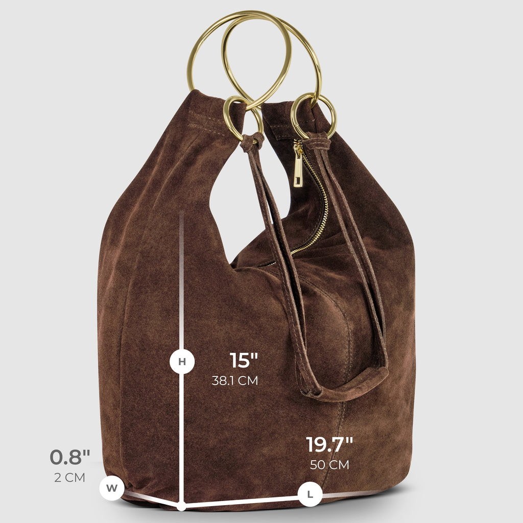 Italian Genuine Suede Slouchy Hobo Bag with Ring Details