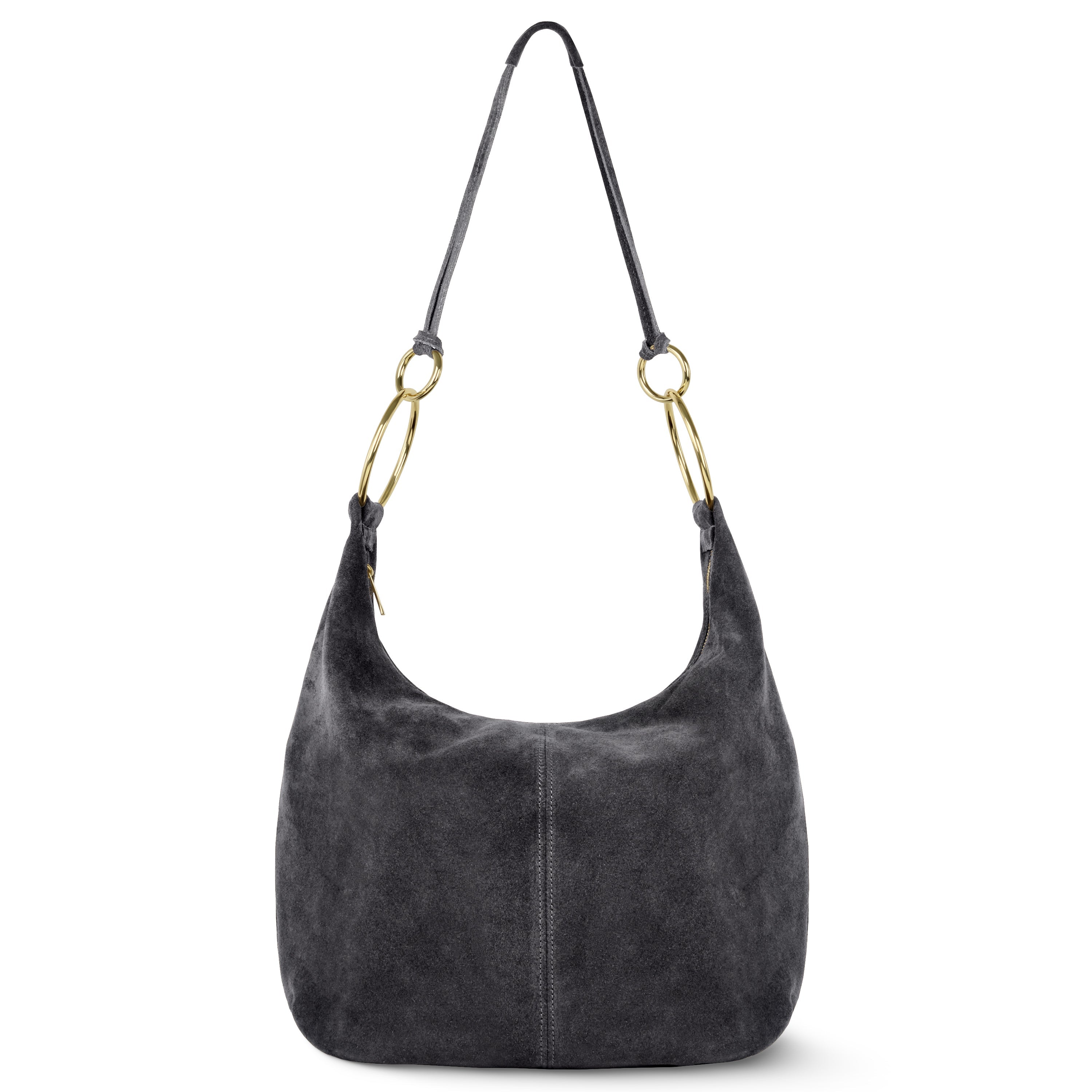 Italian Genuine Suede Slouchy Hobo Bag with Ring Details