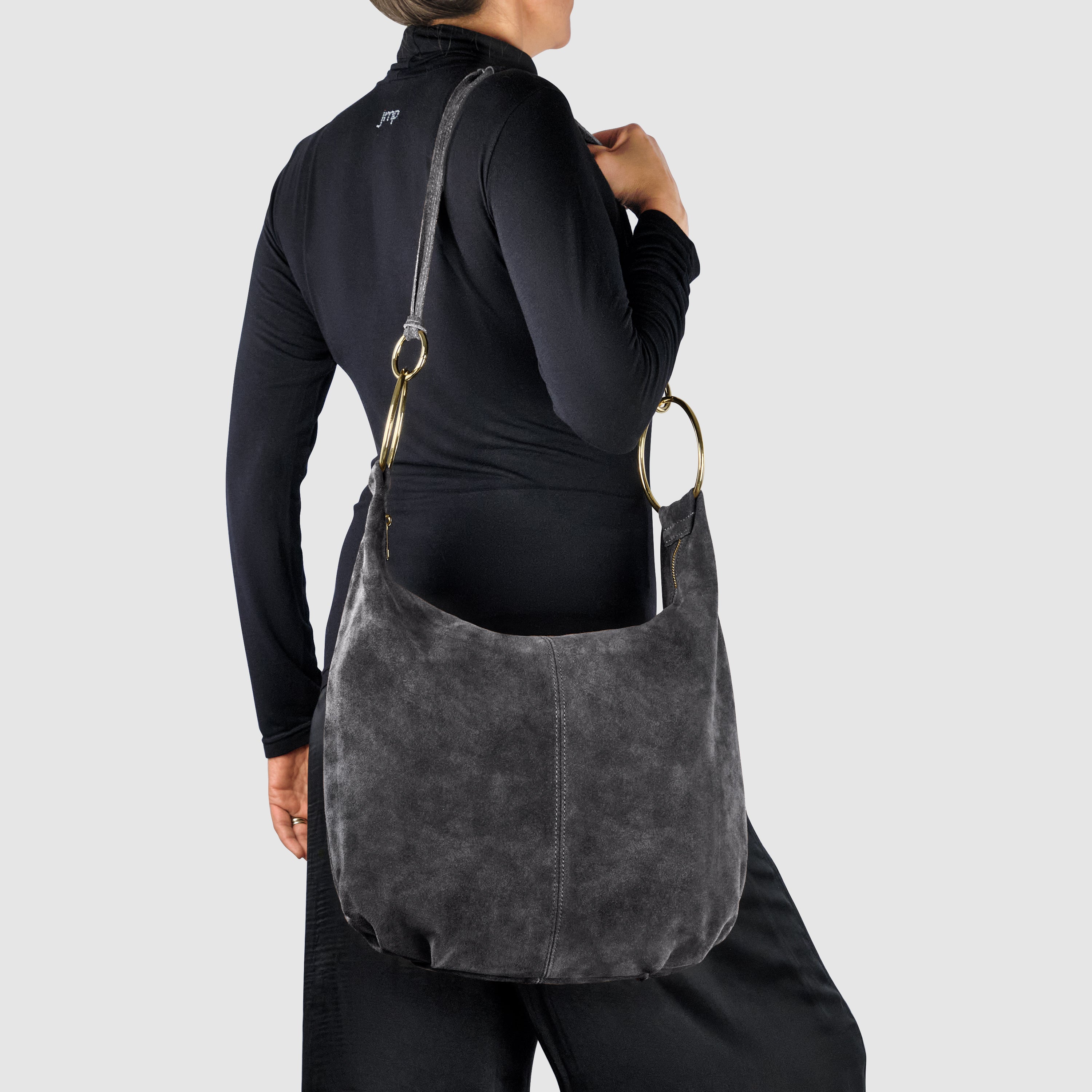 Italian Genuine Suede Slouchy Hobo Bag with Ring Details