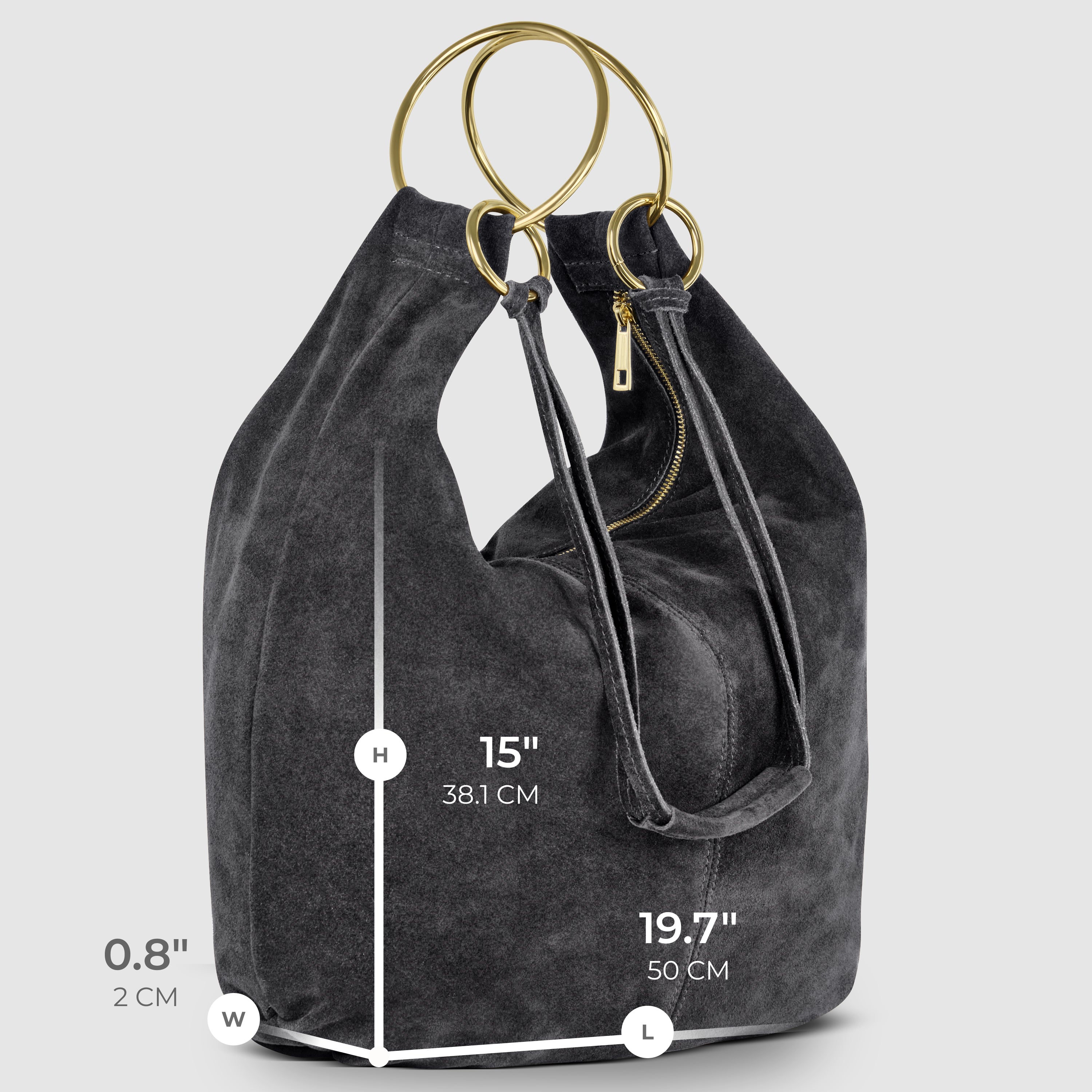 Italian Genuine Suede Slouchy Hobo Bag with Ring Details
