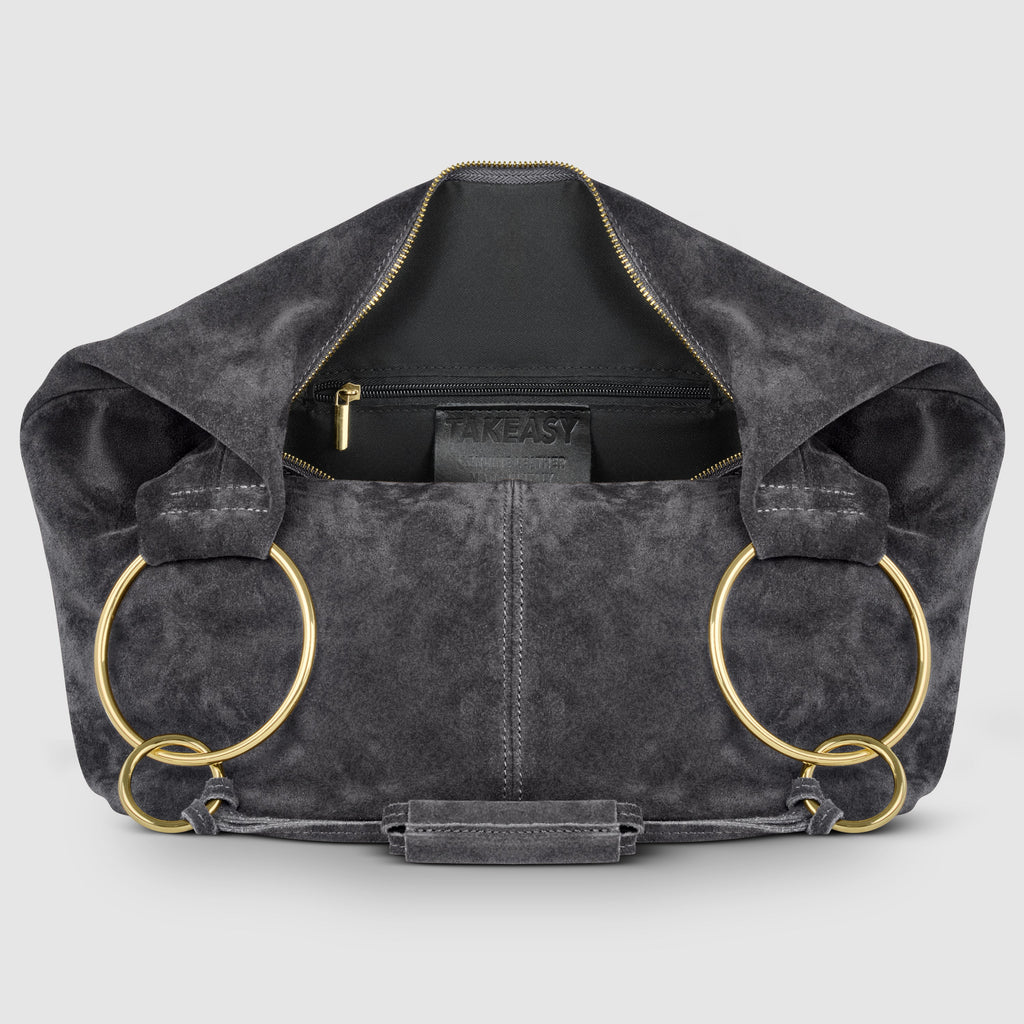 Italian Genuine Suede Slouchy Hobo Bag with Ring Details