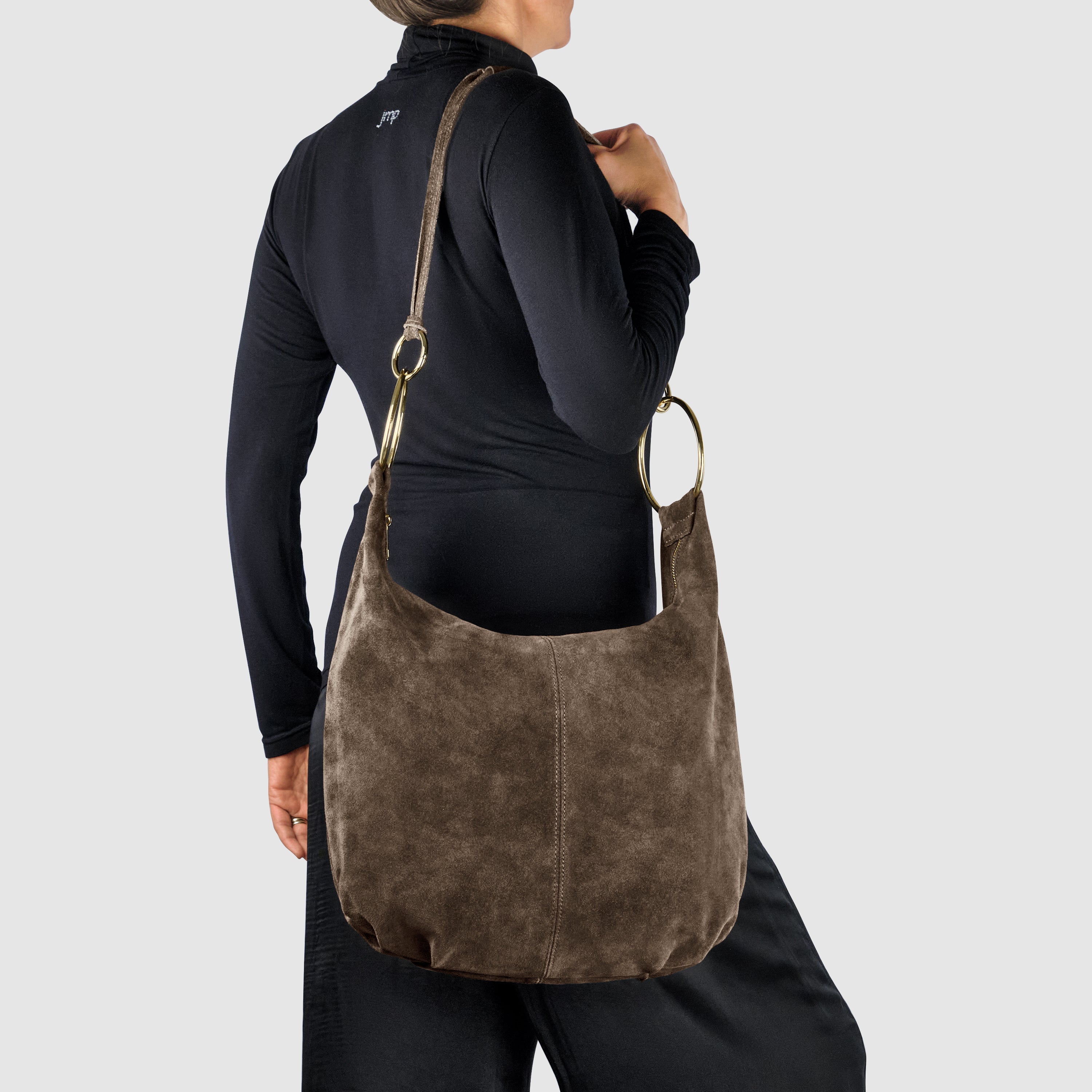 Italian Genuine Suede Slouchy Hobo Bag with Ring Details