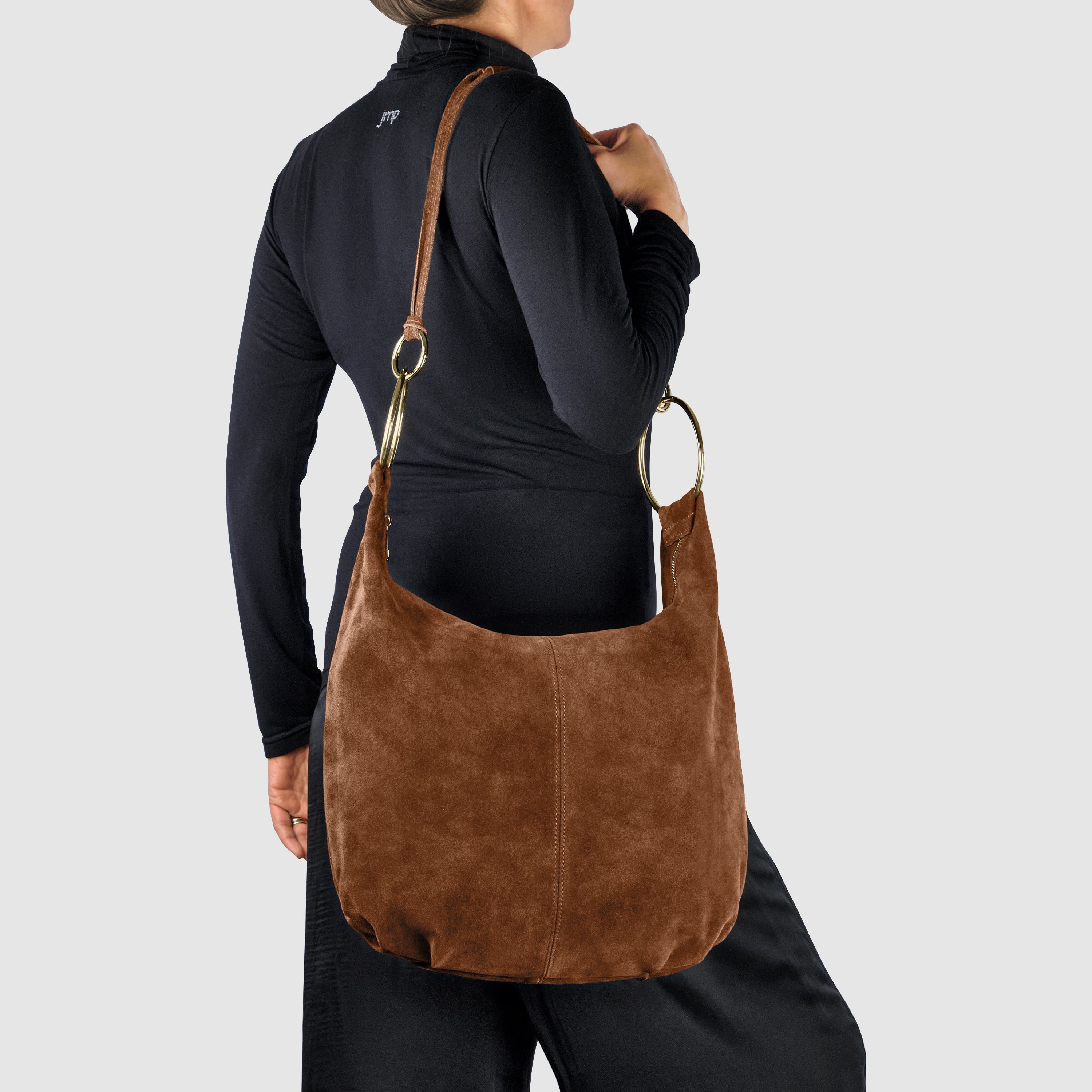 Italian Genuine Suede Slouchy Hobo Bag with Ring Details