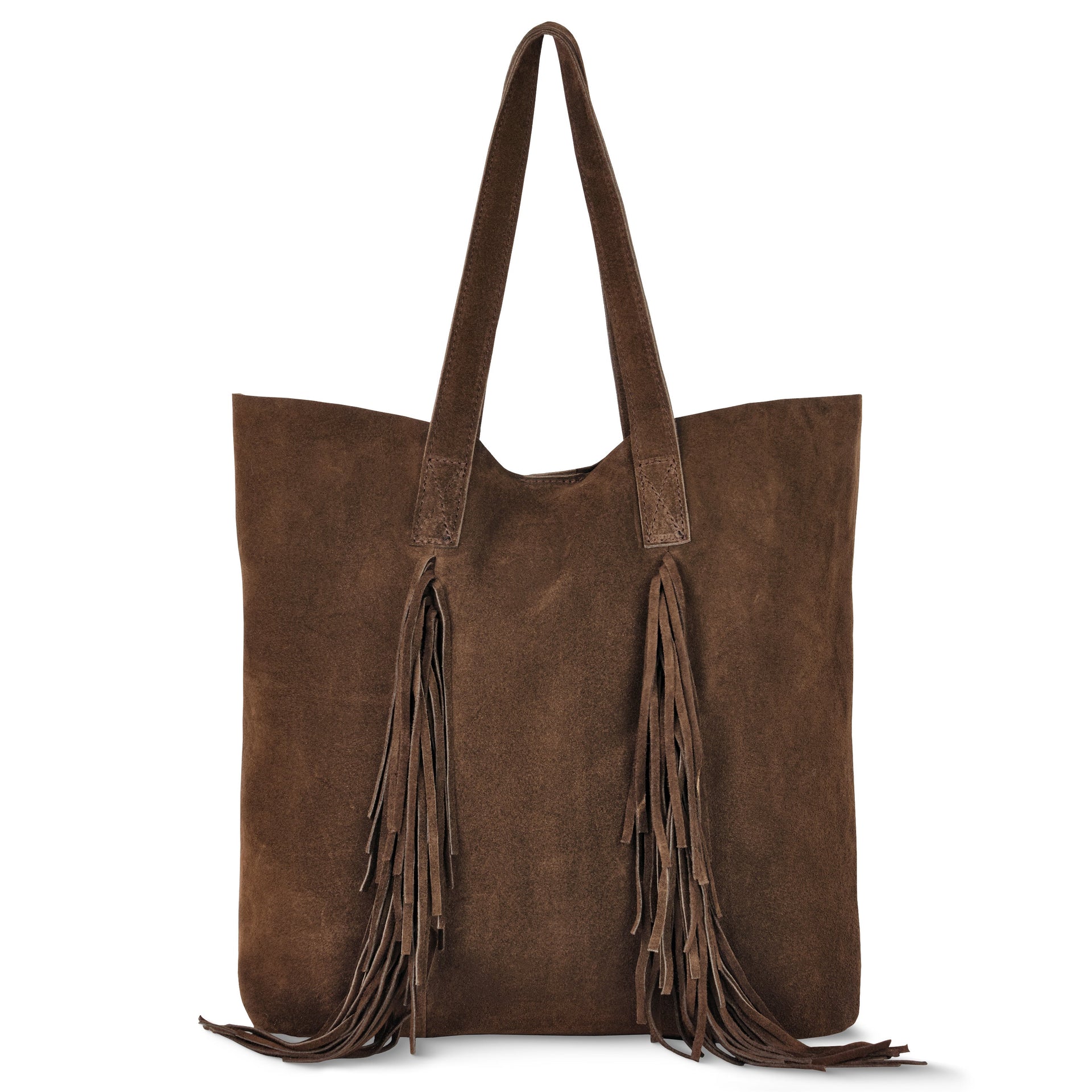 Brown Italian genuine suede tote bag with fringe and magnetic clasp