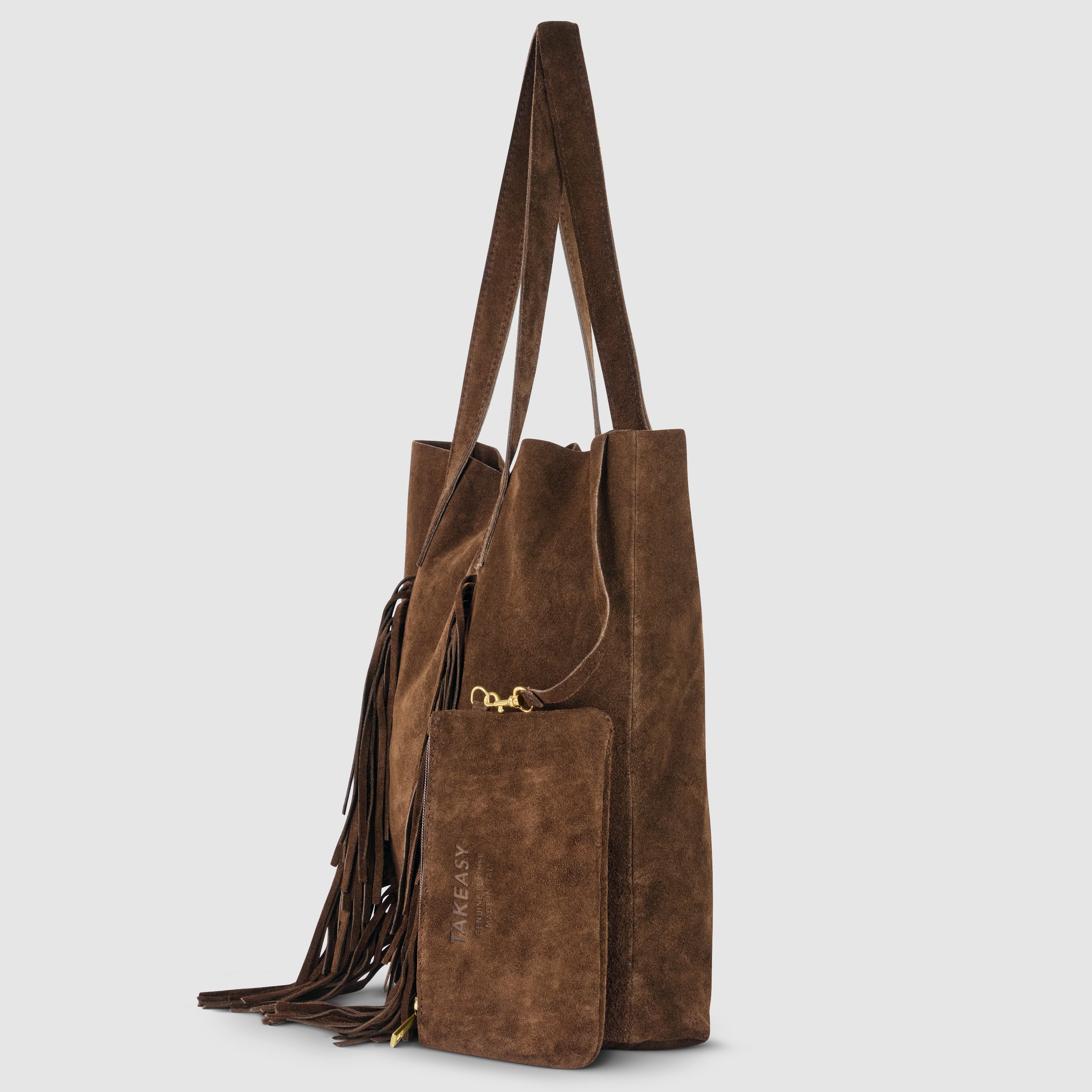 Italian Genuine Suede Fringe Tote Bag in Brown - Bohemian Carryall
