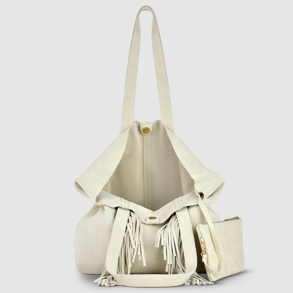 Italian Genuine Suede Fringe Tote Bag in Brown - Bohemian Carryall