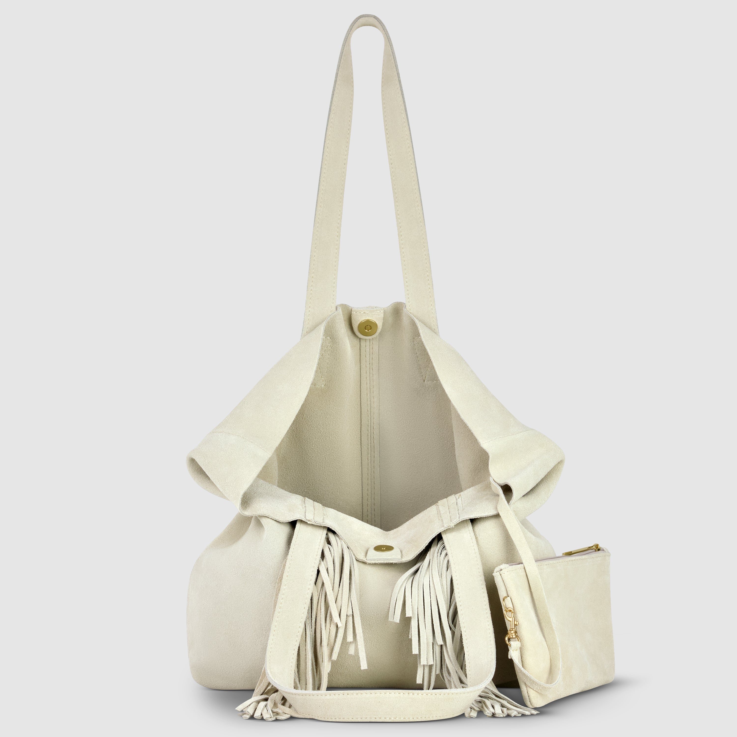 Italian Genuine Suede Fringe Tote Bag in Brown - Bohemian Carryall