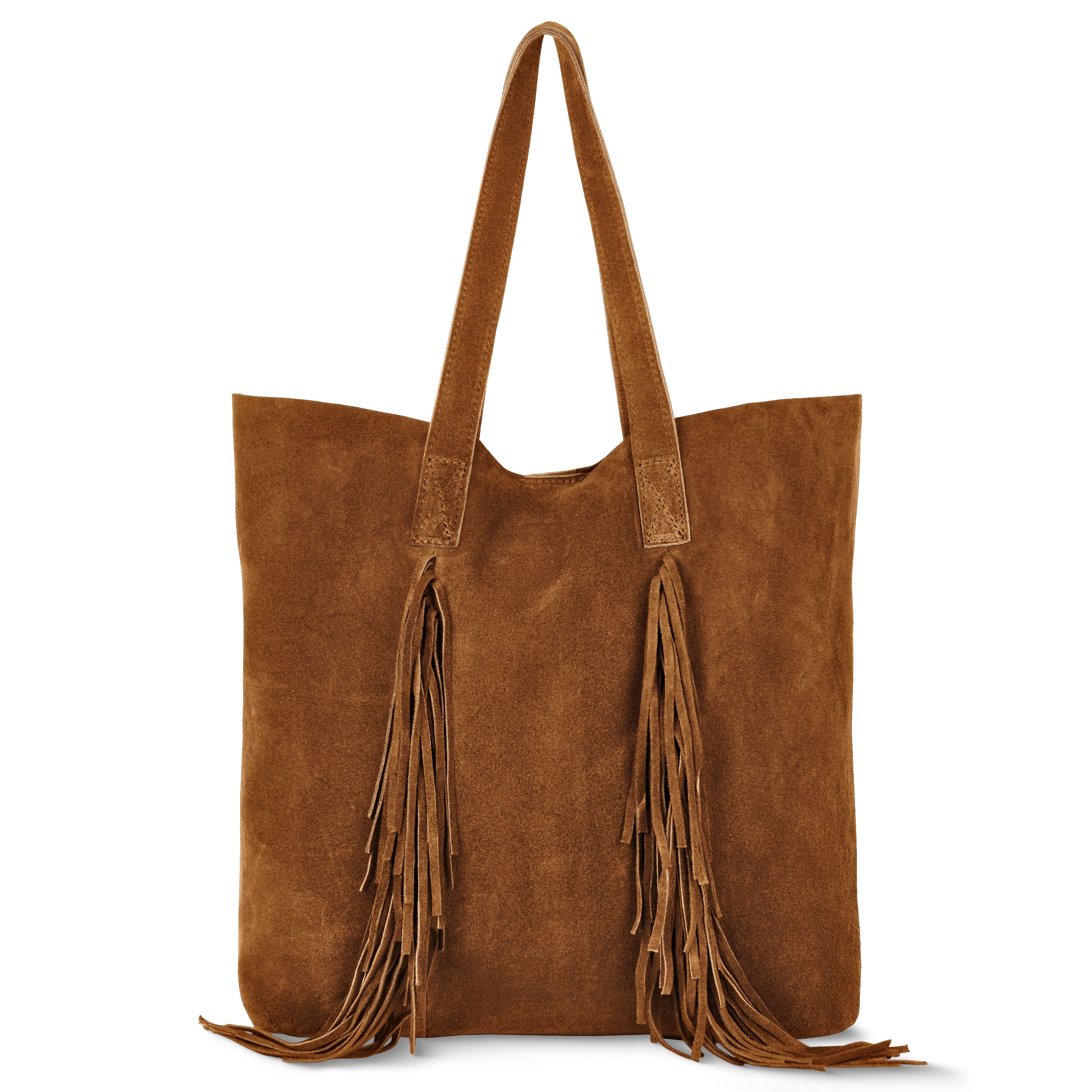 Italian Genuine Suede Fringe Tote Bag in Brown - Bohemian Carryall