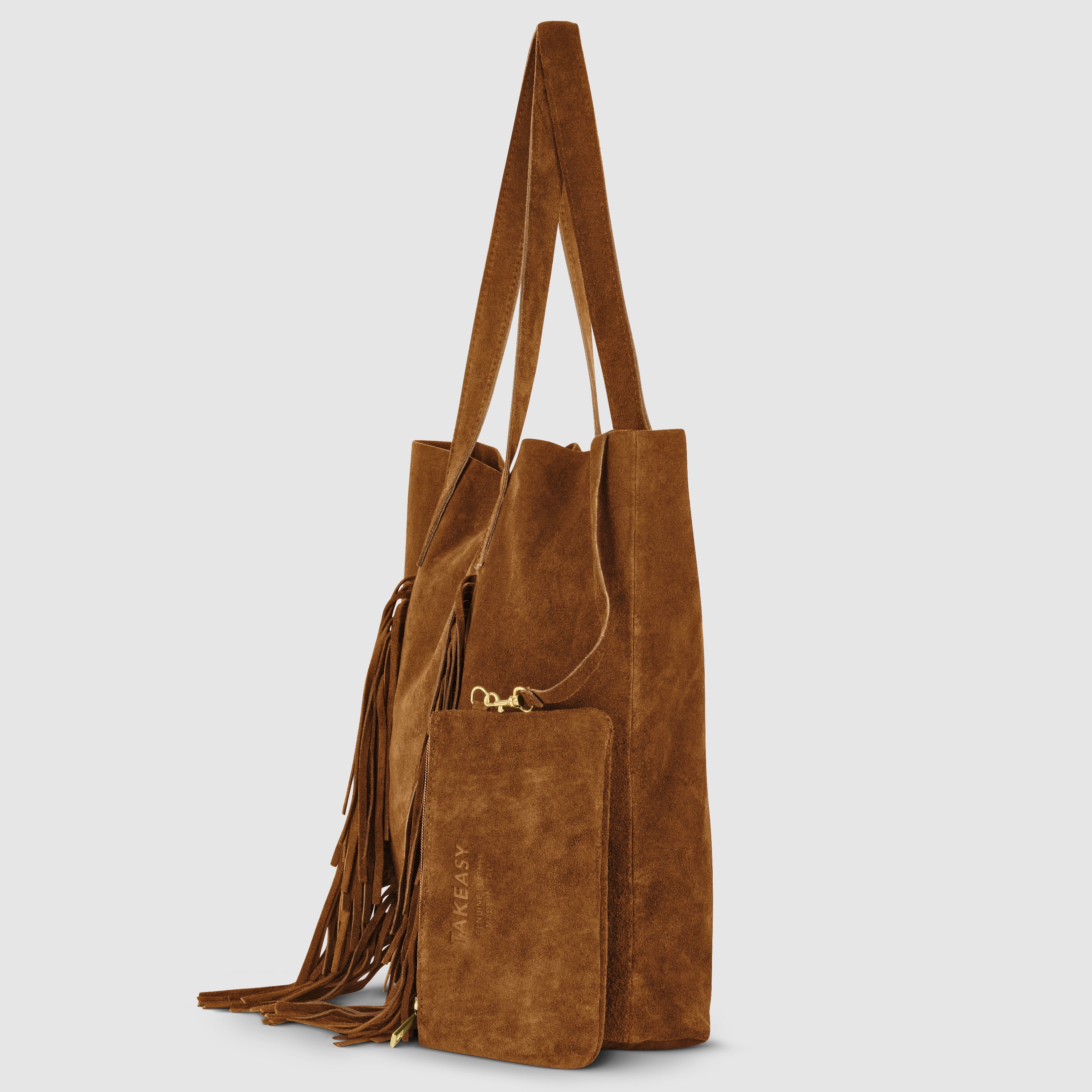 Italian Genuine Suede Fringe Tote Bag in Brown - Bohemian Carryall