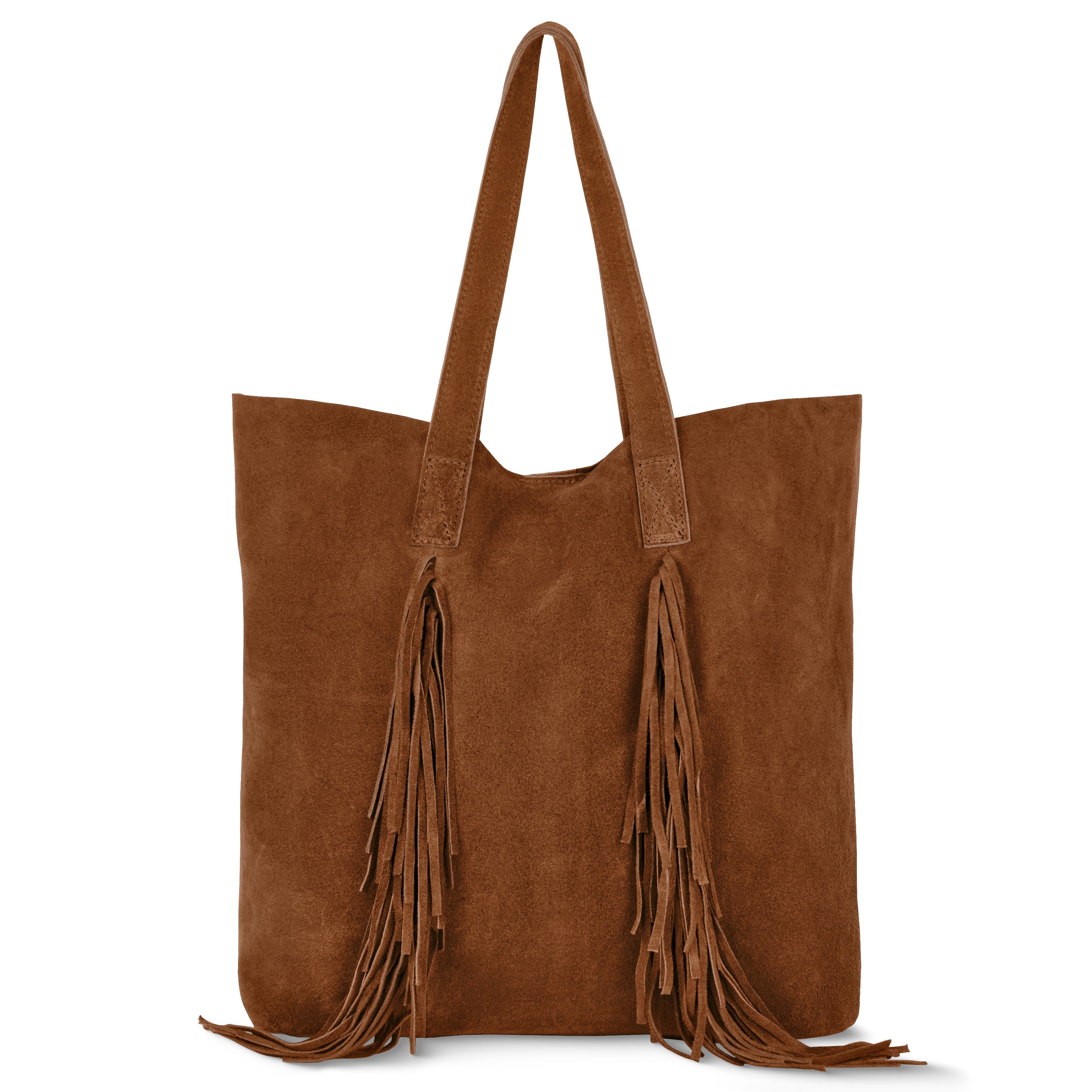 Italian Genuine Suede Fringe Tote Bag in Brown - Bohemian Carryall