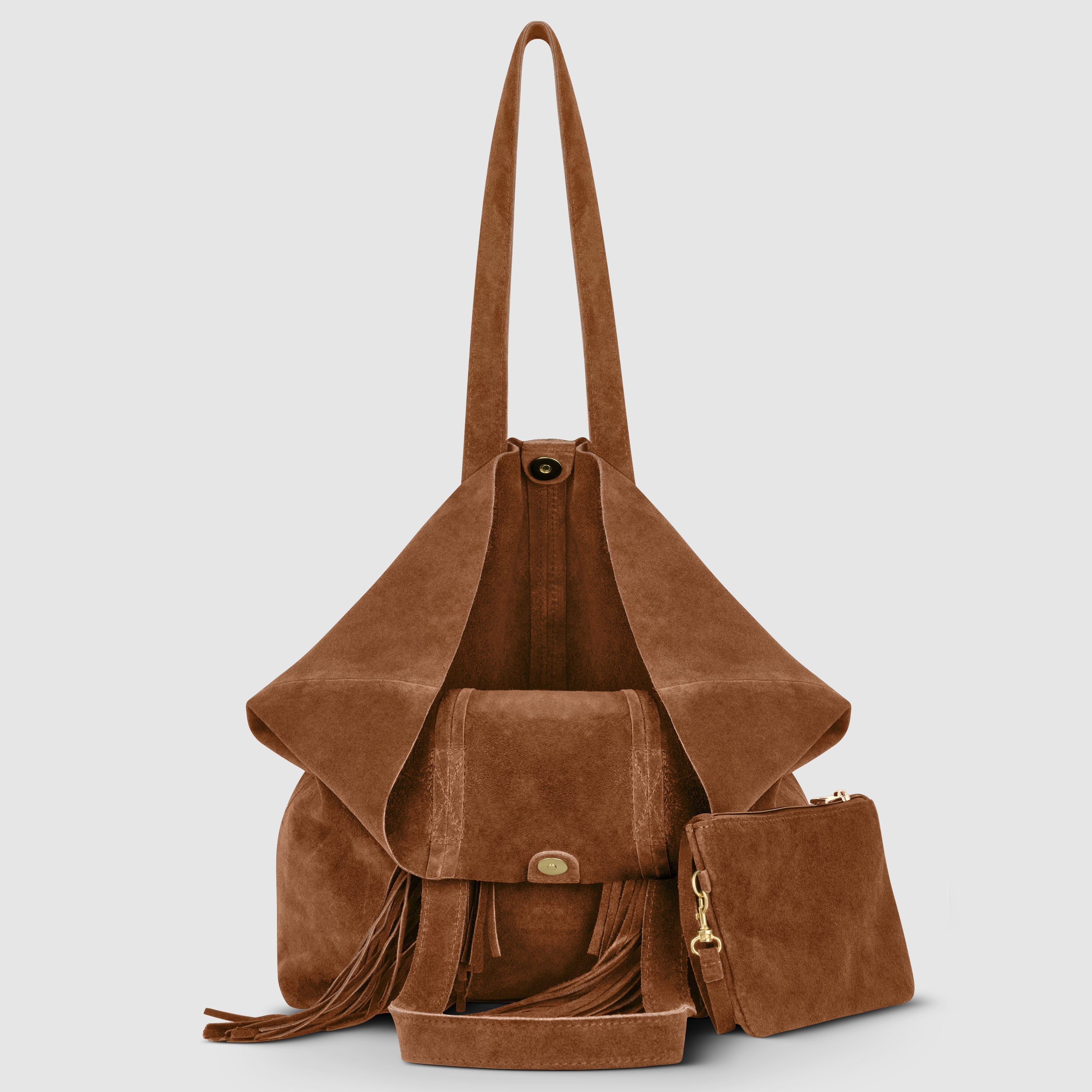 Italian Genuine Suede Fringe Tote Bag in Brown - Bohemian Carryall