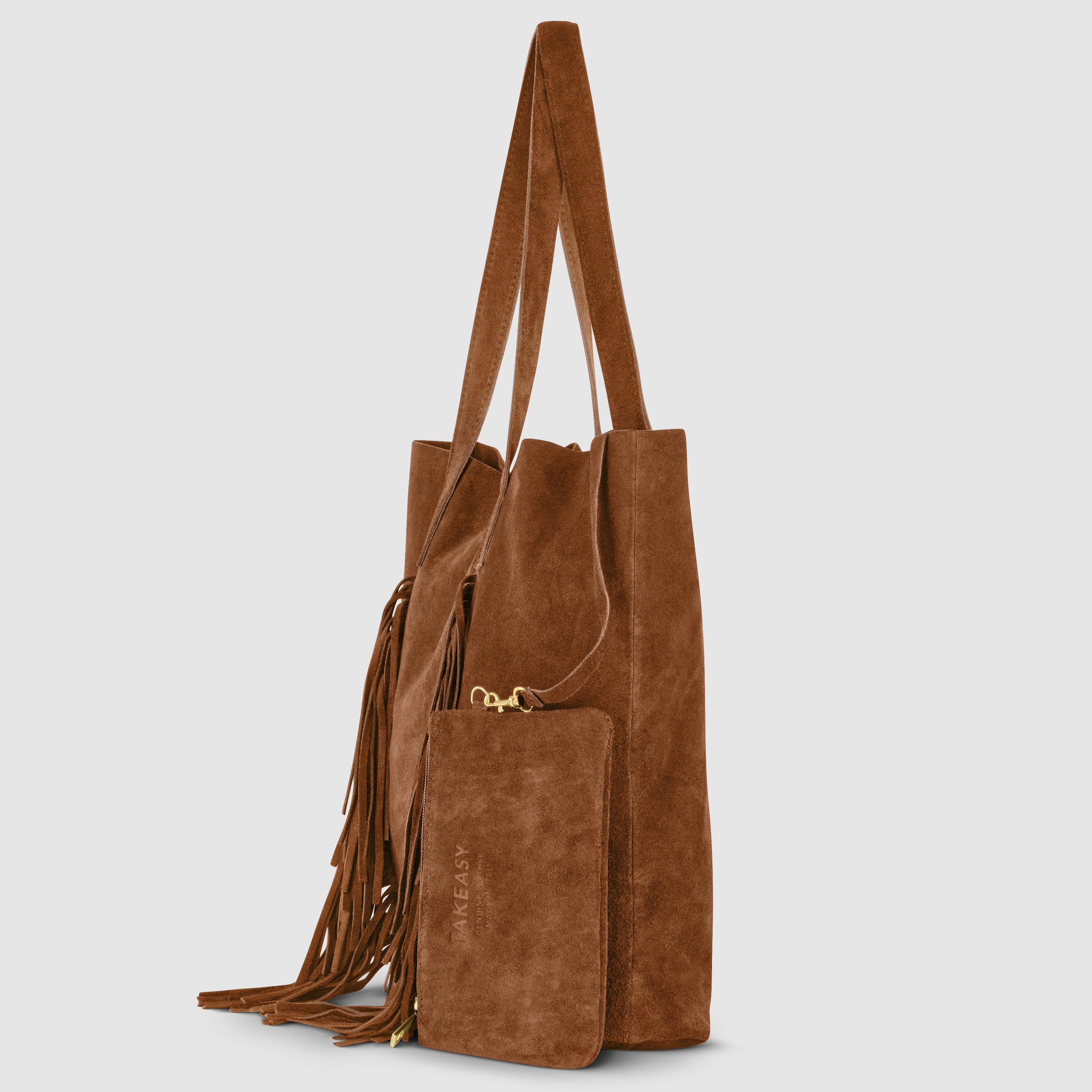 Italian Genuine Suede Fringe Tote Bag in Brown - Bohemian Carryall