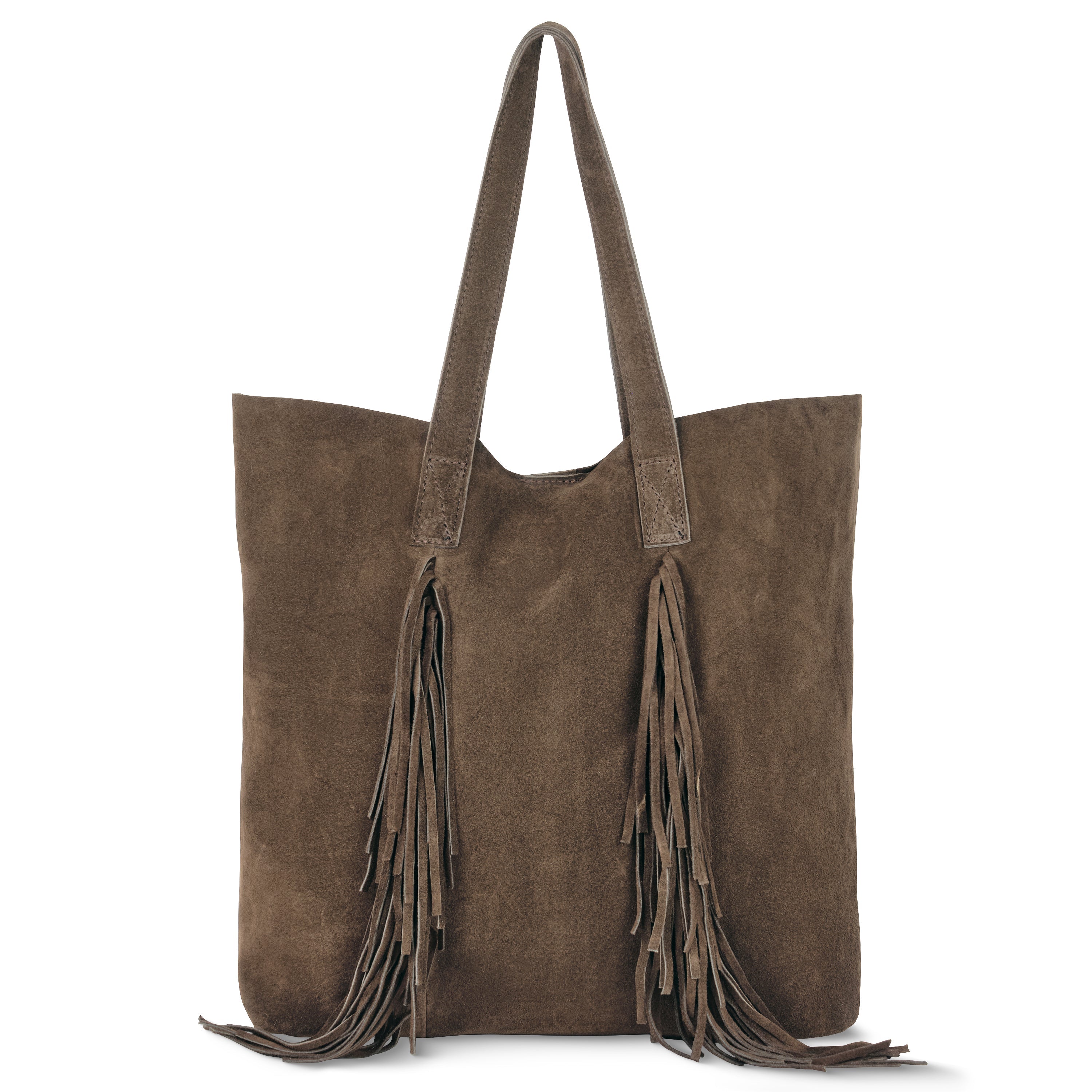 Italian Genuine Suede Fringe Tote Bag in Brown - Bohemian Carryall