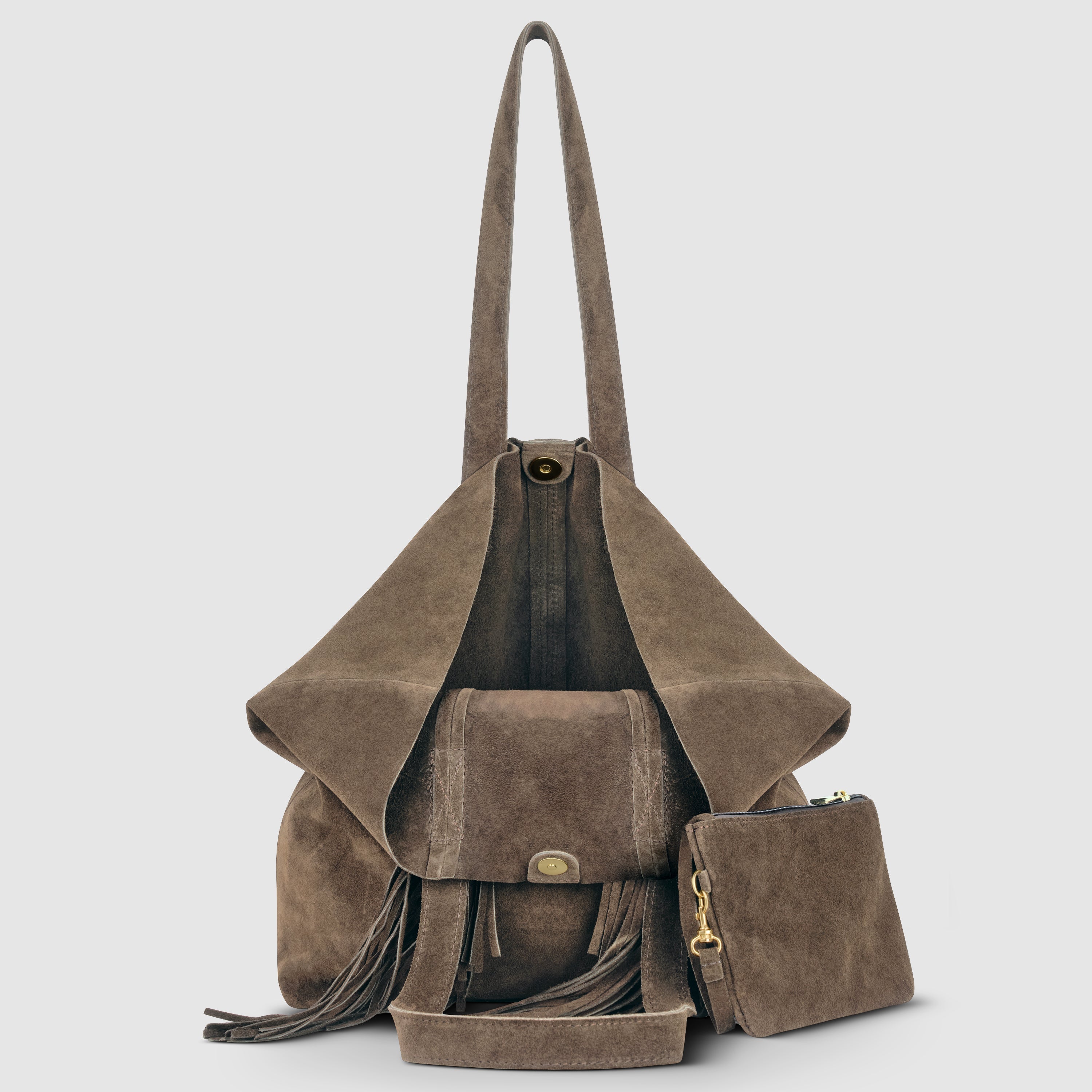 Italian Genuine Suede Fringe Tote Bag in Brown - Bohemian Carryall