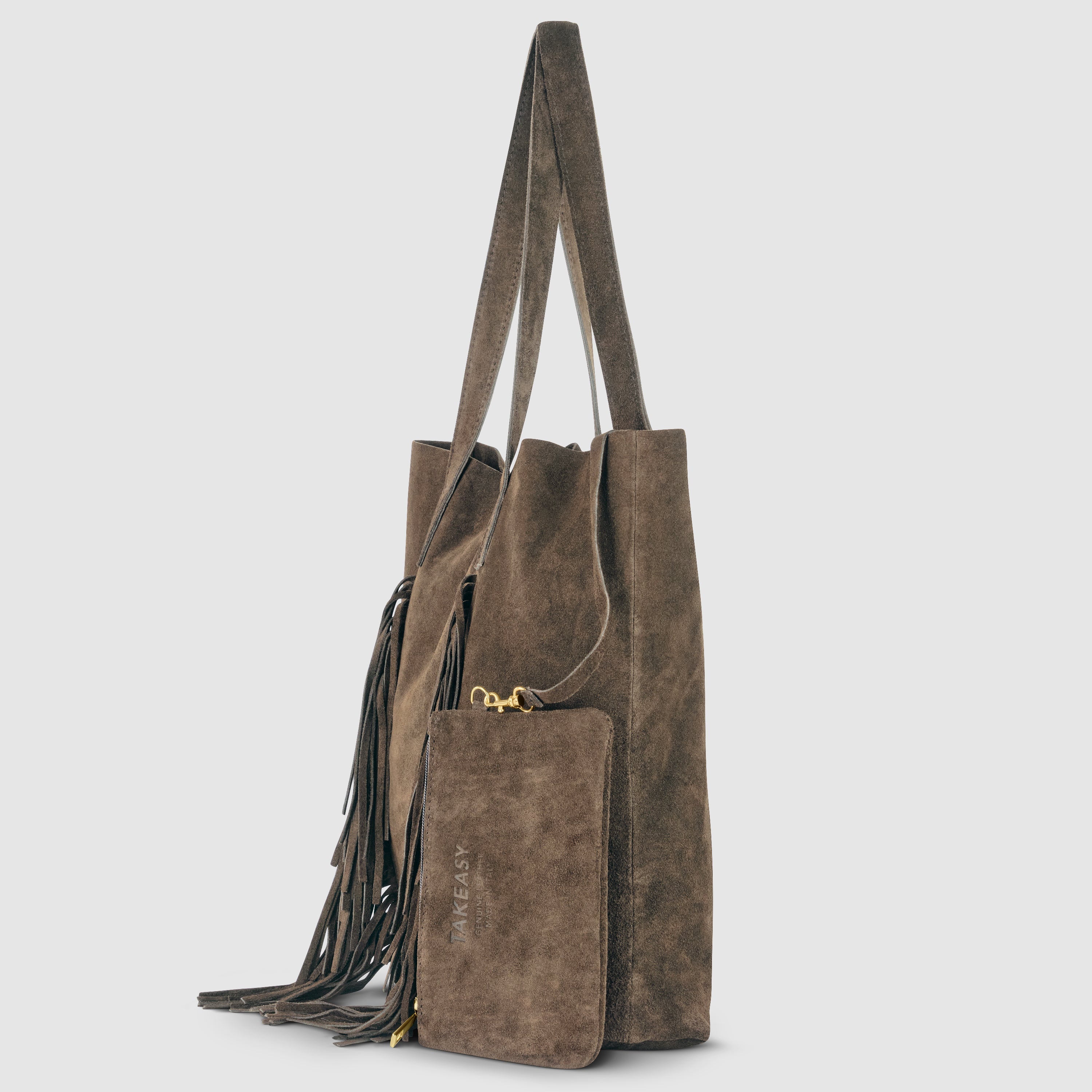 Italian Genuine Suede Fringe Tote Bag in Brown - Bohemian Carryall