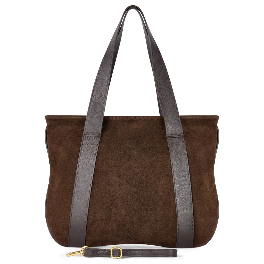 Italian genuine suede leather tote bag with long top handles and adjustable strap