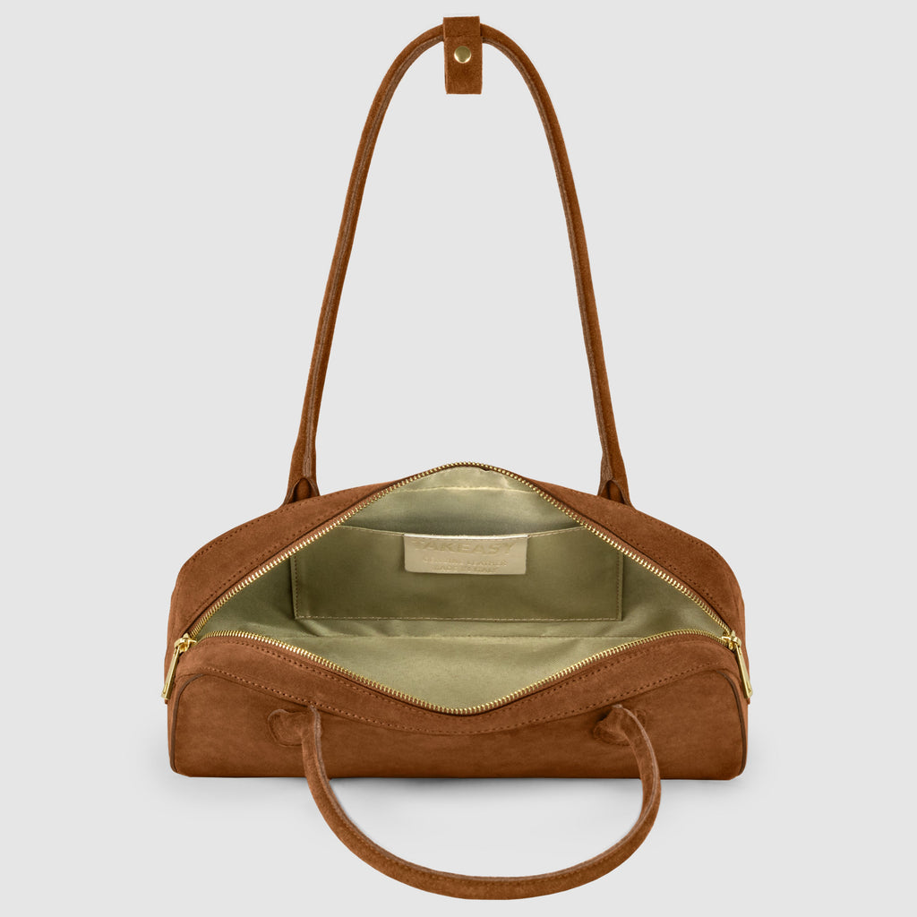 Italian Genuine Suede Structured Shoulder Bag with Gold Feet