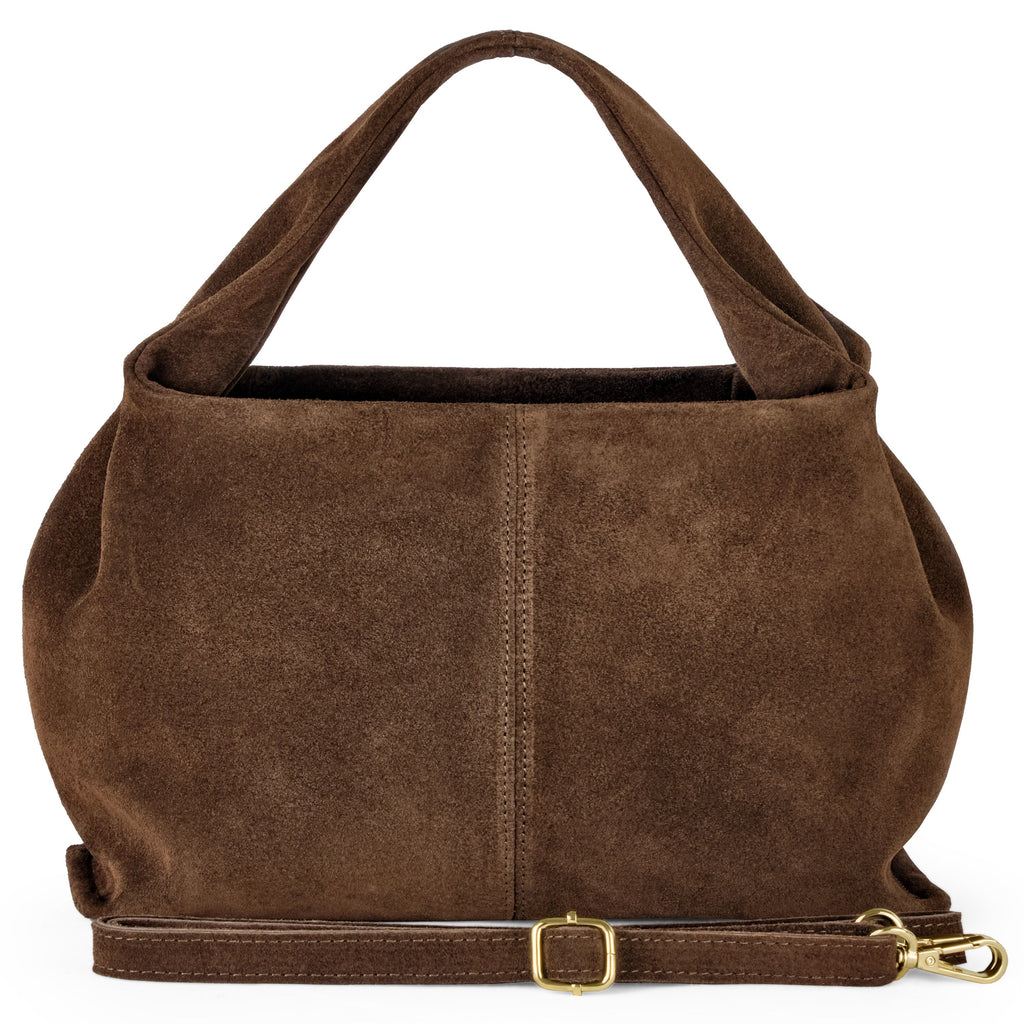 A compact brown Italian suede shoulder bag featuring a unique twisted top handle.