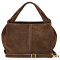 A compact brown Italian suede shoulder bag featuring a unique twisted top handle.