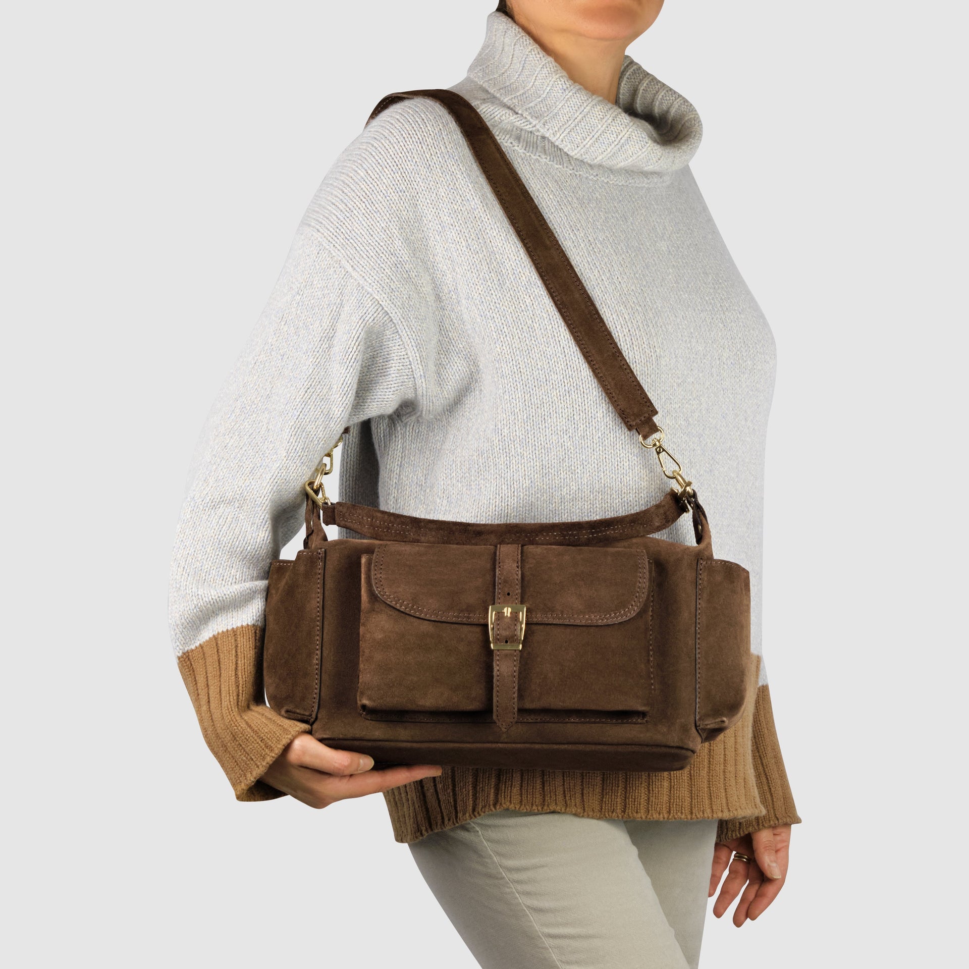 Italian Genuine Suede Shoulder Bag with Front Flap Pocket