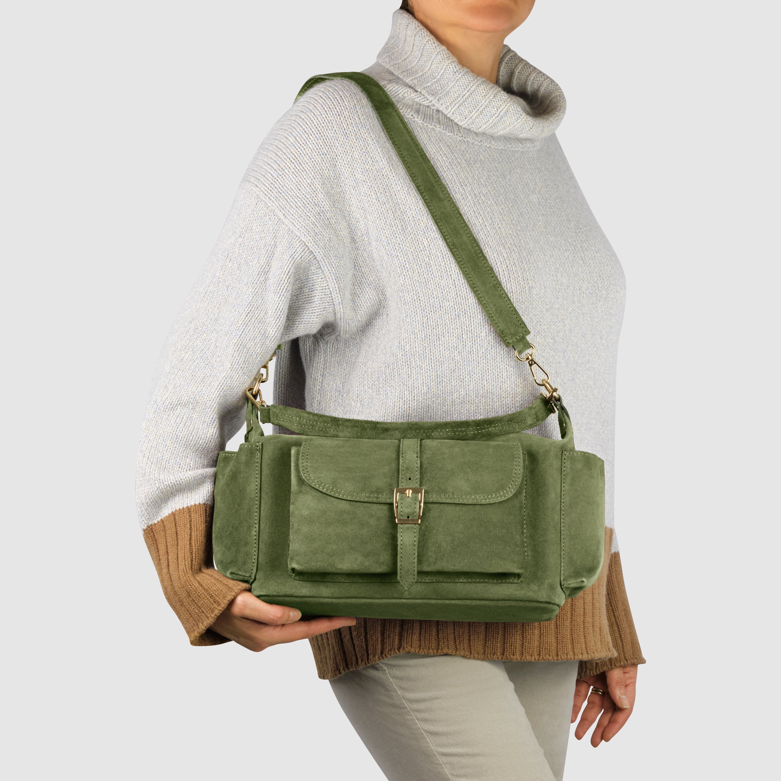 Italian Genuine Suede Shoulder Bag with Front Flap Pocket