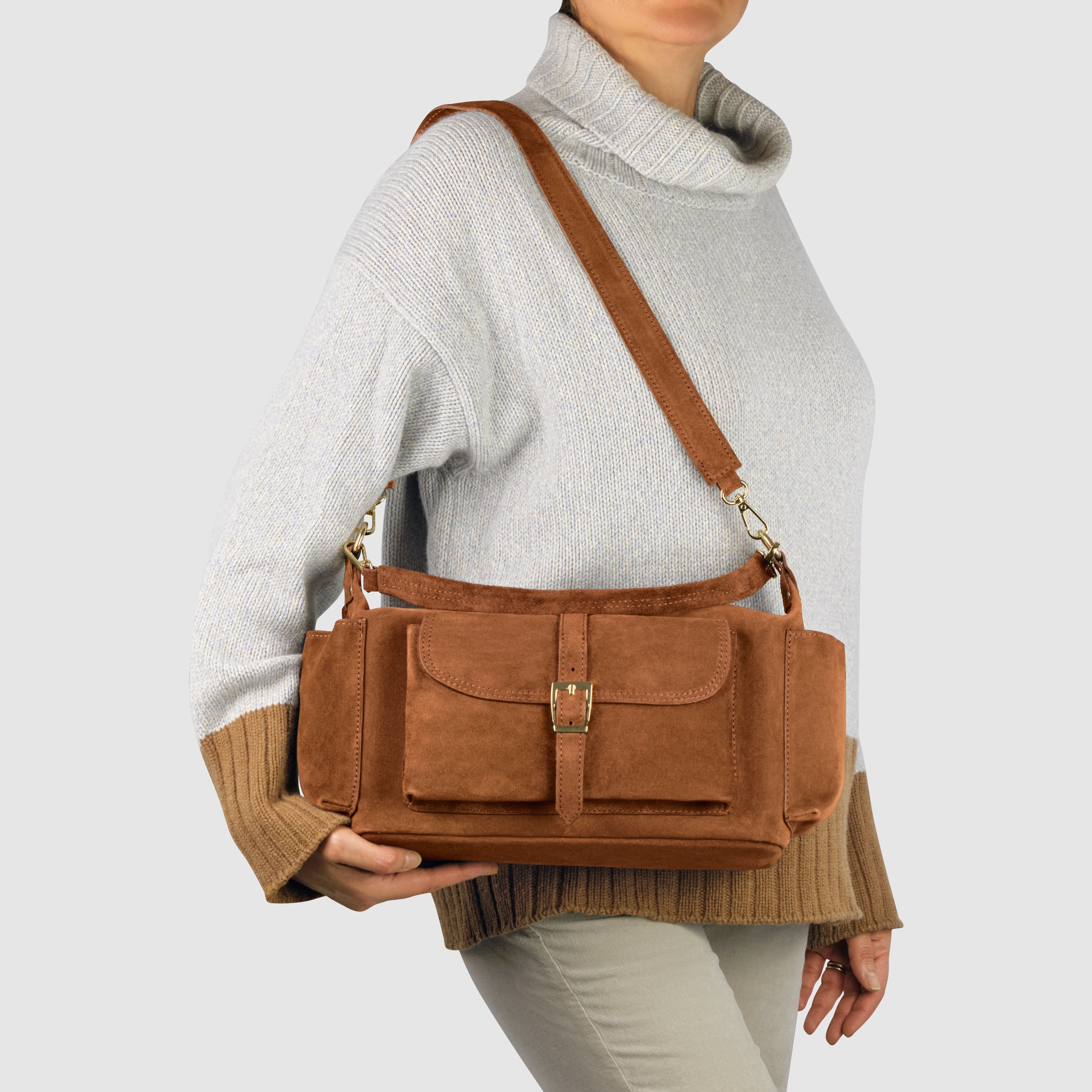 Italian Genuine Suede Shoulder Bag with Front Flap Pocket