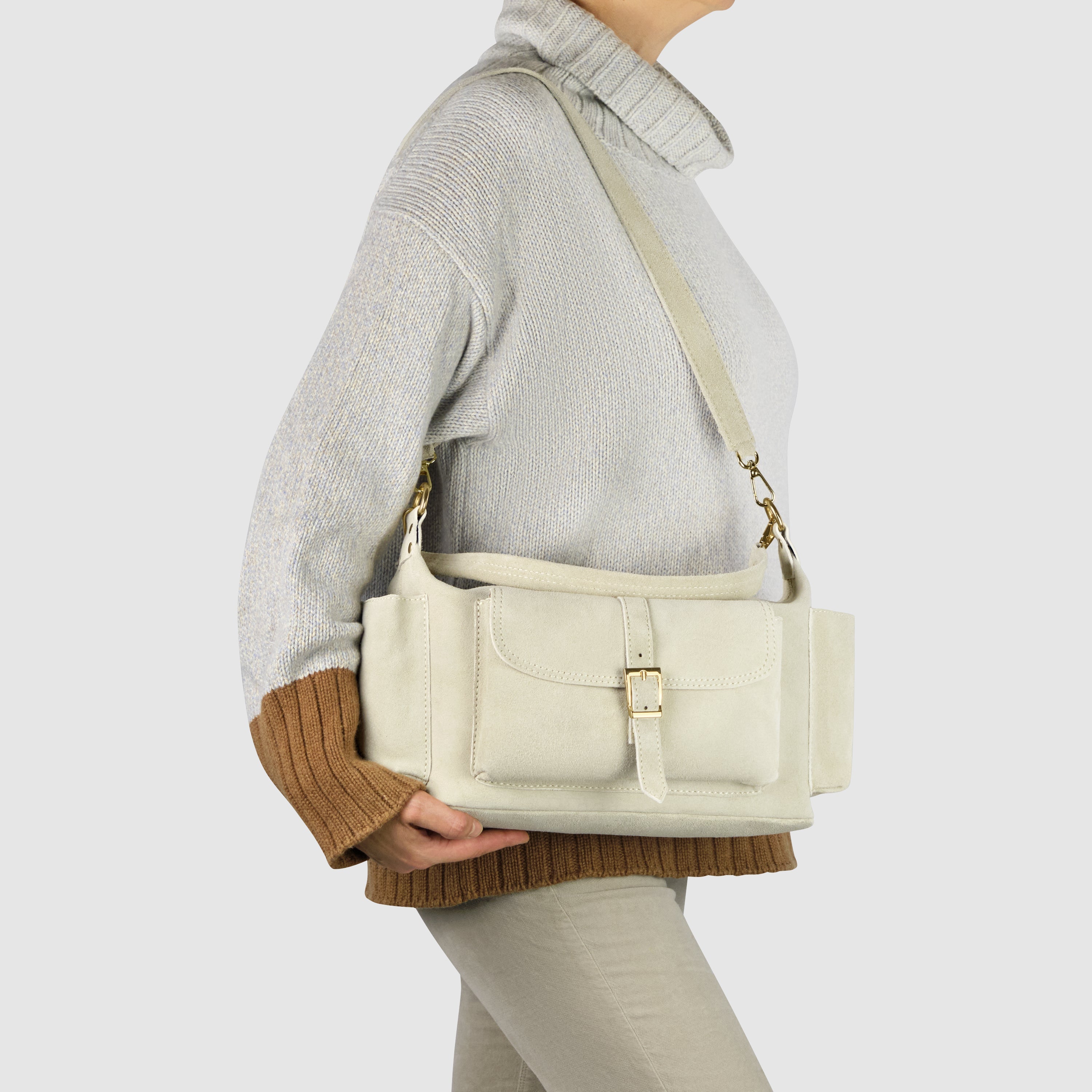 Italian Genuine Suede Shoulder Bag with Front Flap Pocket