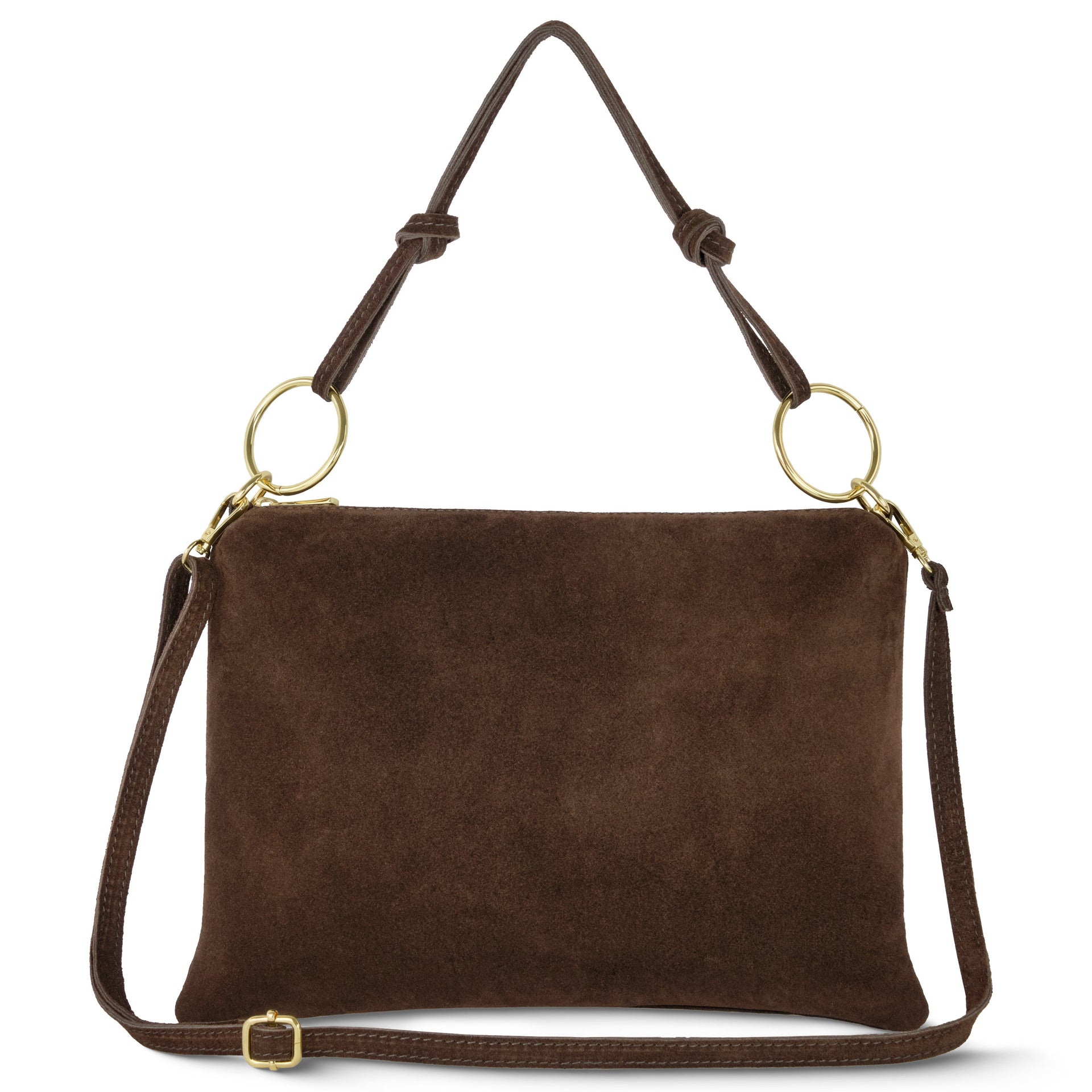 Slim Italian genuine suede shoulder bag with knotted top handle in brown