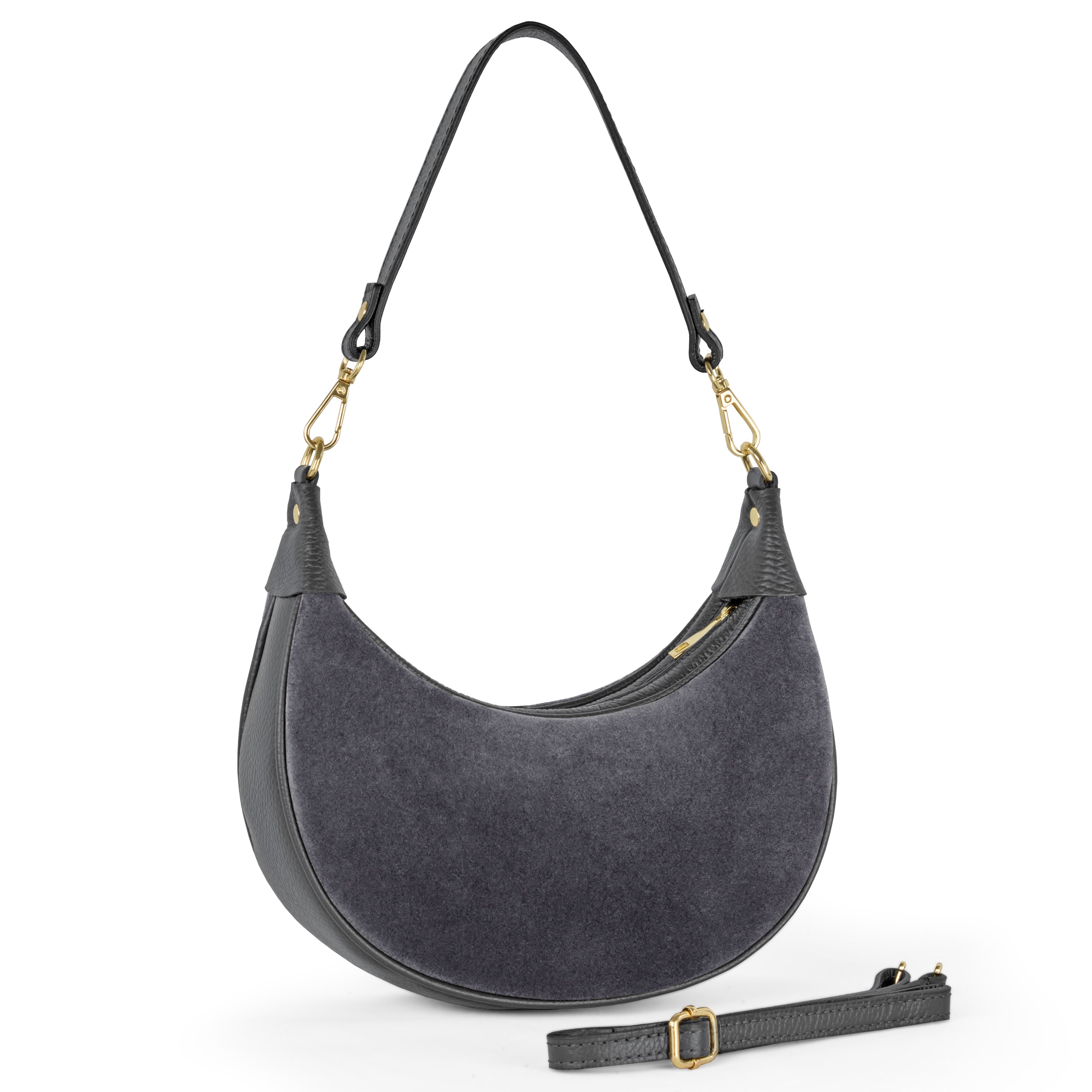 Genuine Italian Suede & Calf Leather Crescent Shoulder Bag