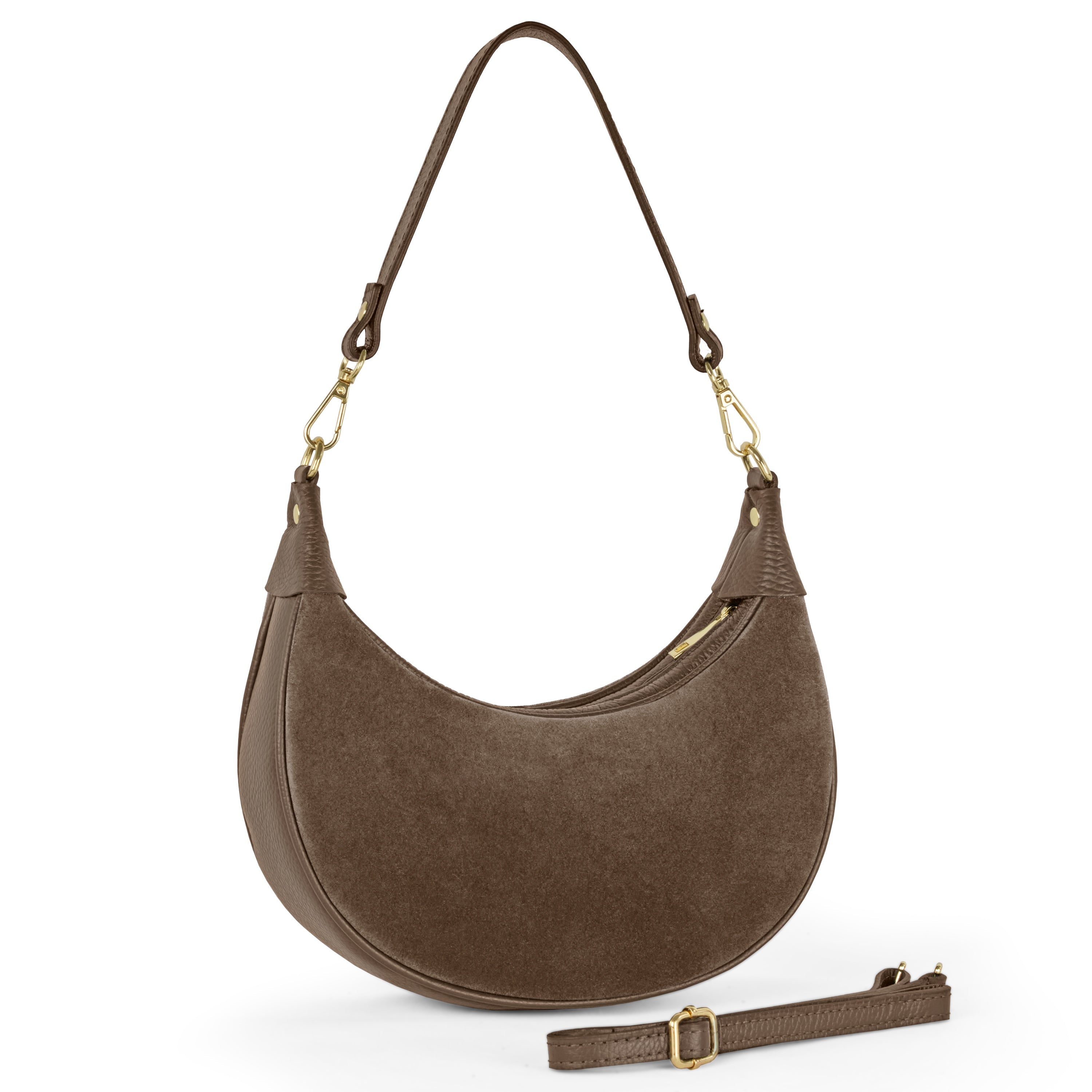 Genuine Italian Suede & Calf Leather Crescent Shoulder Bag