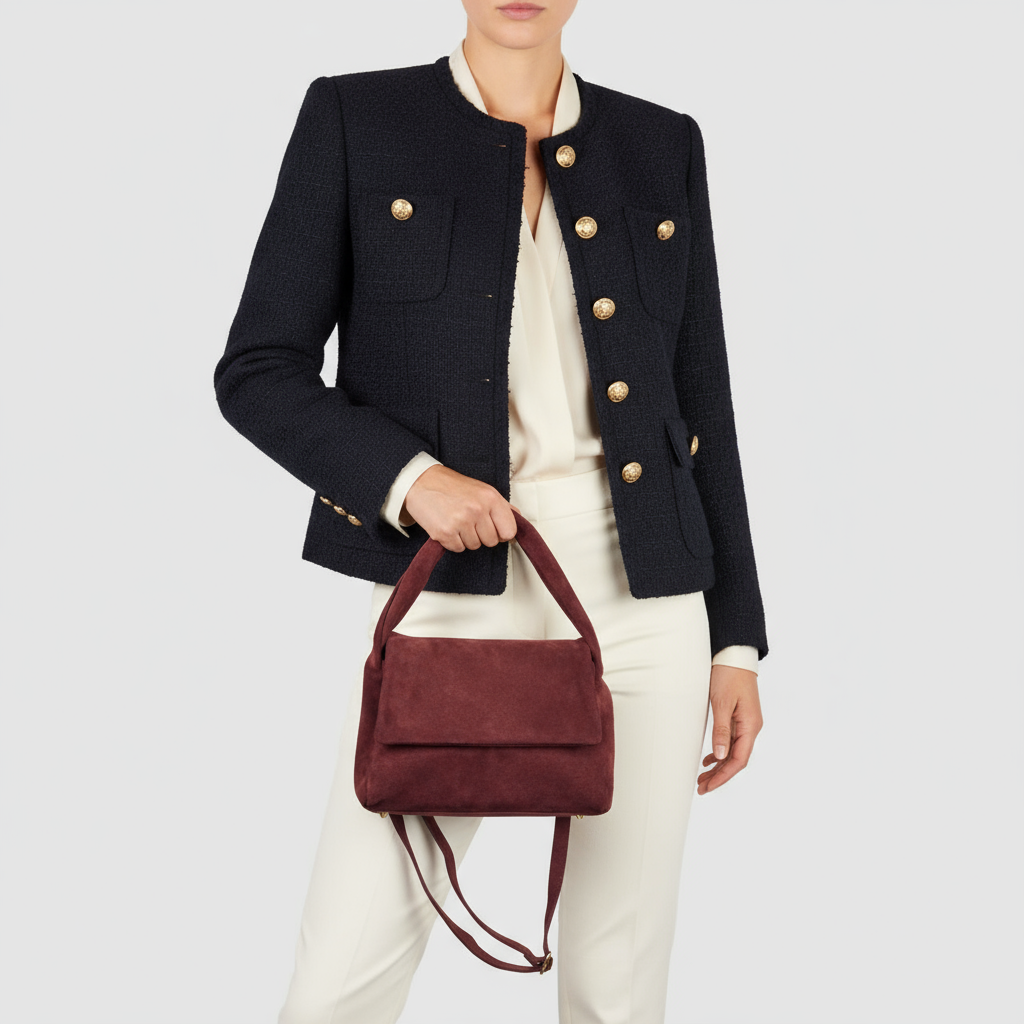 Italian Genuine Suede Top-Handle Bag with Adjustable Strap