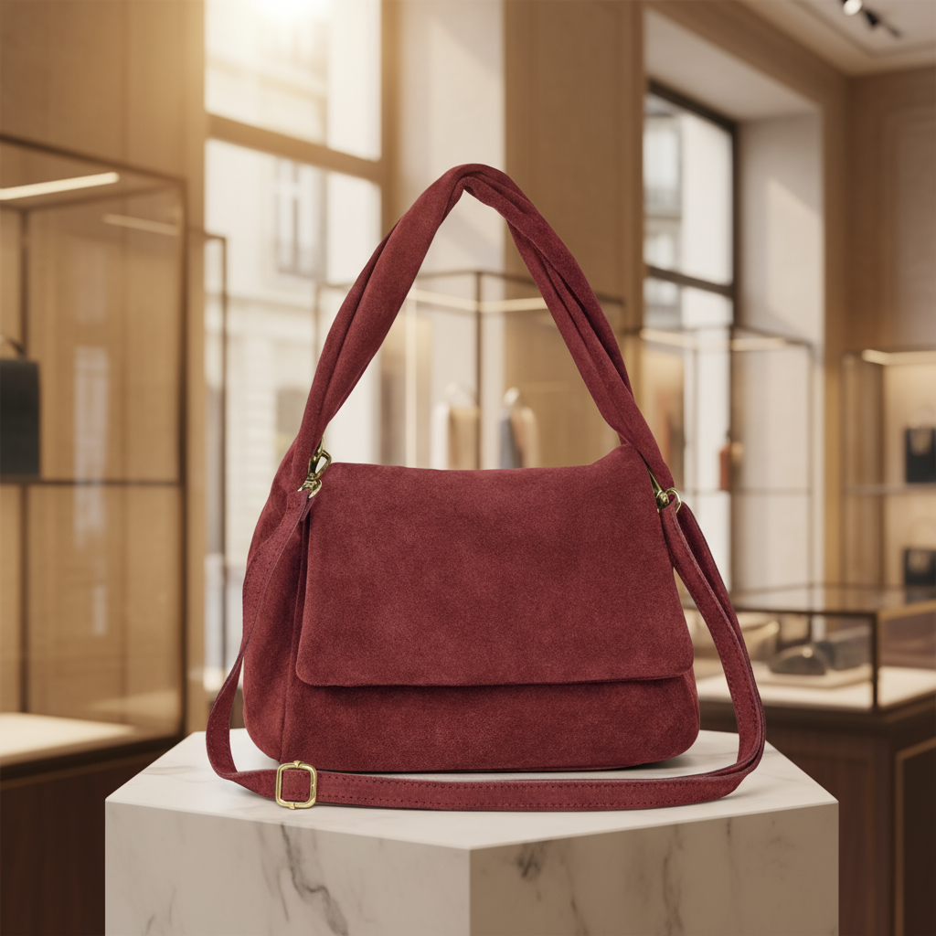 Italian Genuine Suede Top-Handle Bag with Adjustable Strap