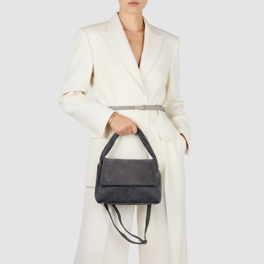Italian Genuine Suede Top-Handle Bag with Adjustable Strap