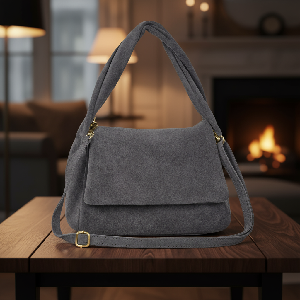 Italian Genuine Suede Top-Handle Bag with Adjustable Strap