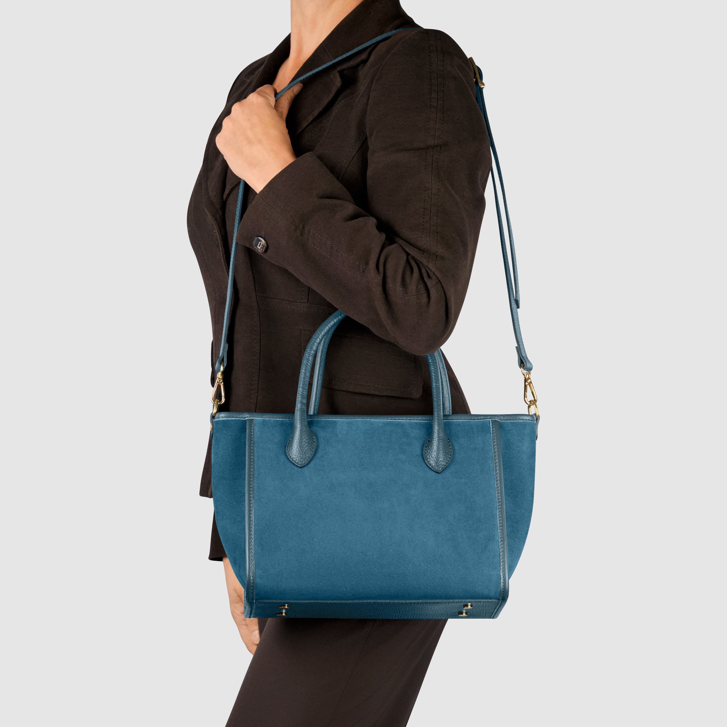 Italian Genuine Suede Top-Handle Bag in Brown and Tan