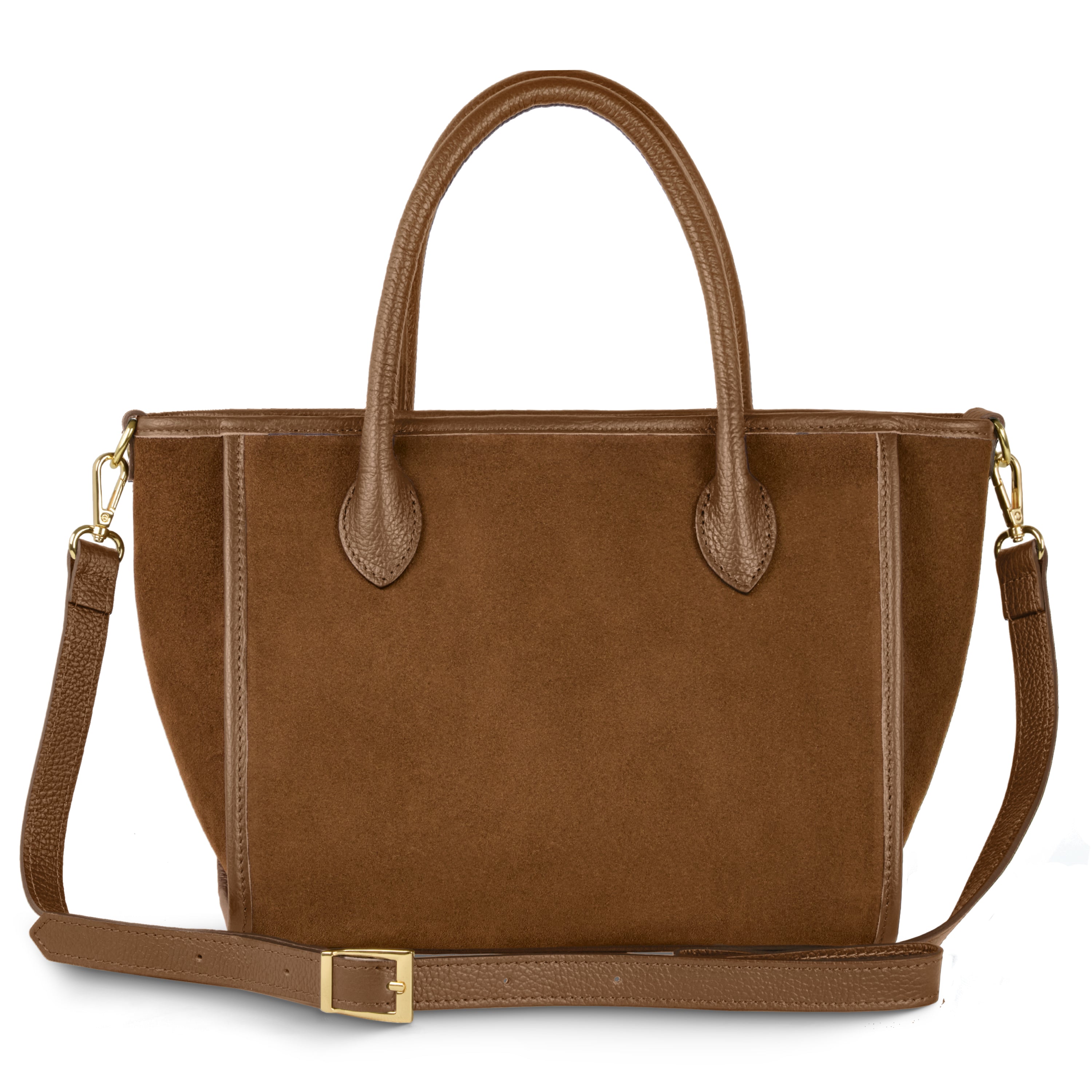 Structured Italian suede top-handle bag in brown with removable crossbody strap