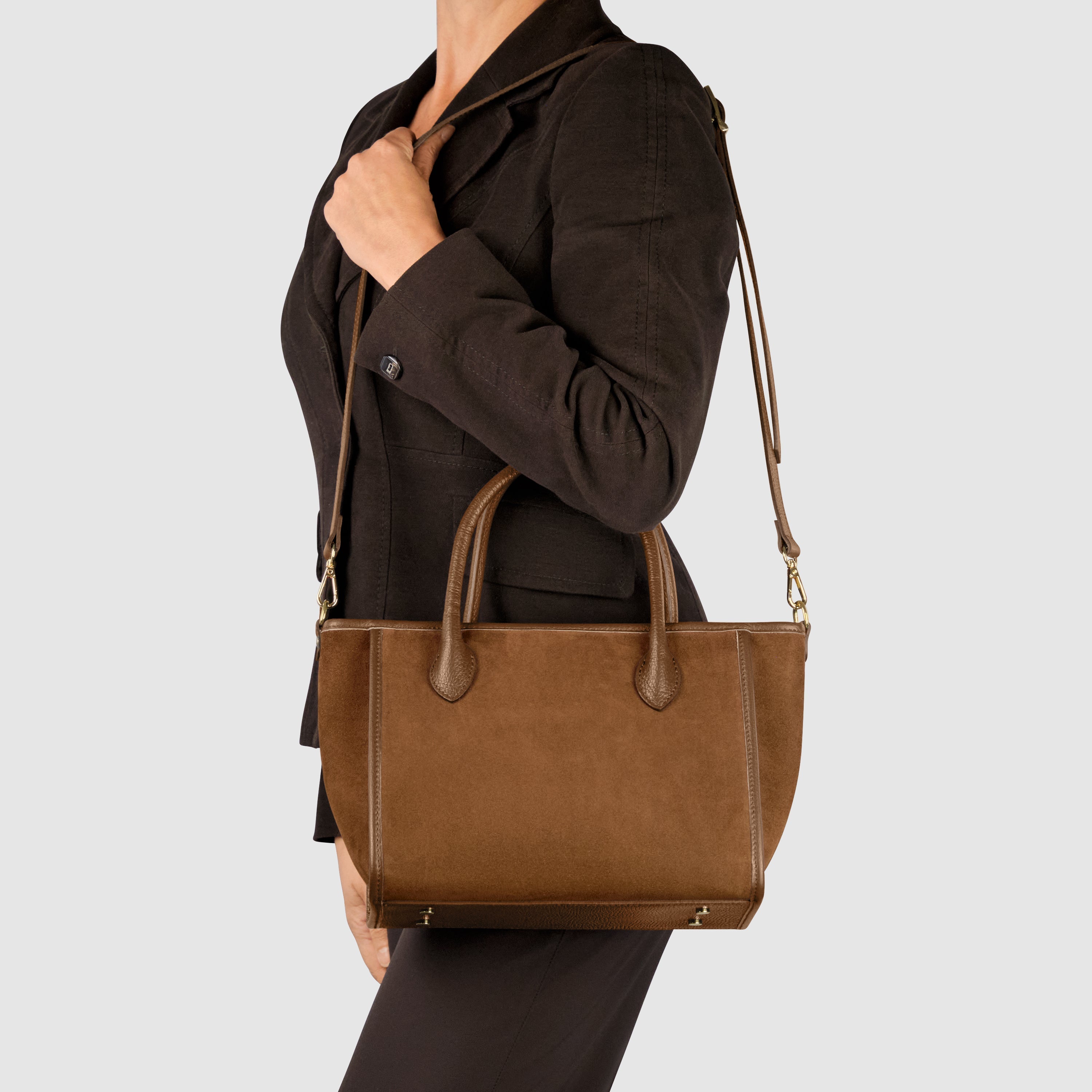 Italian Genuine Suede Top-Handle Bag in Brown and Tan