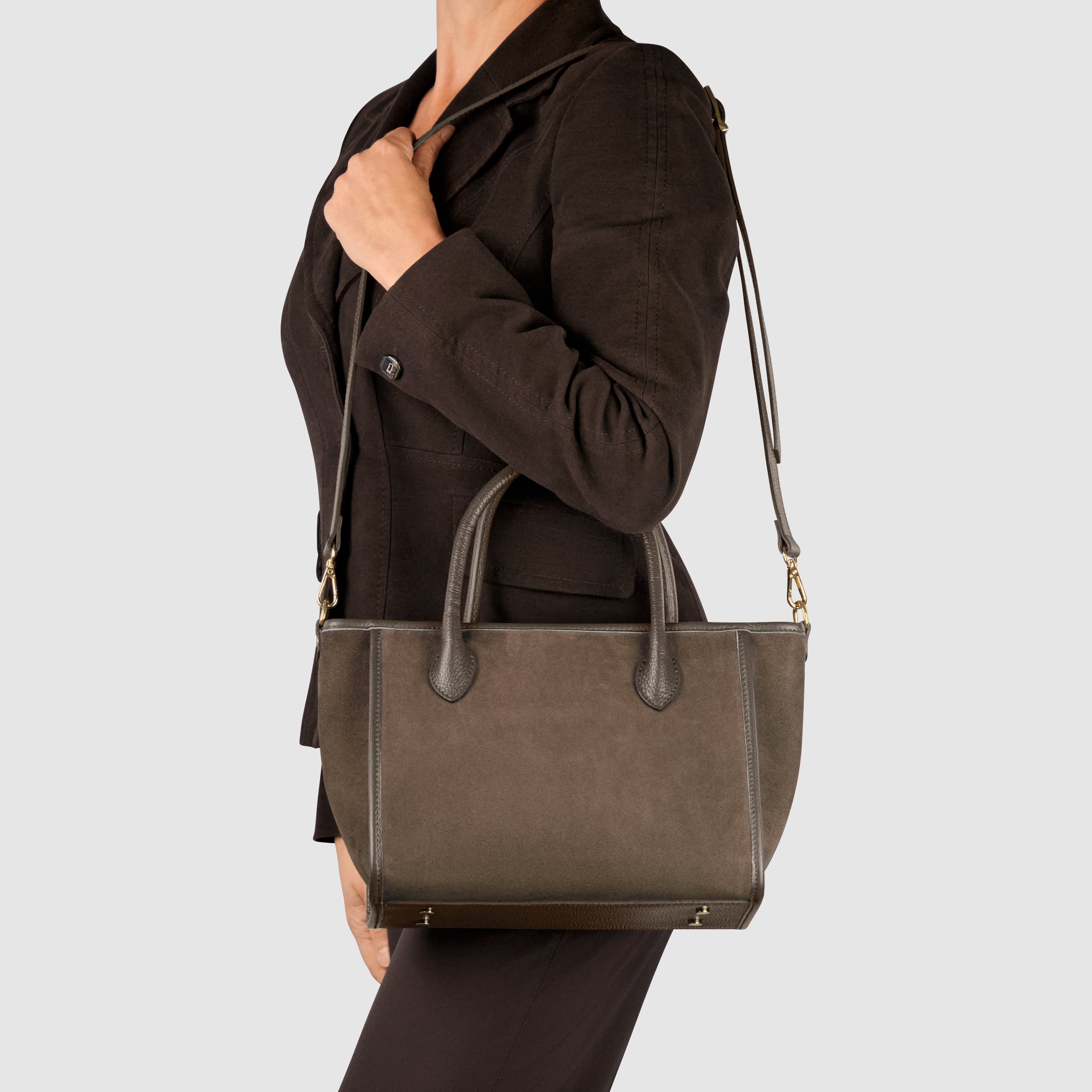 Italian Genuine Suede Top-Handle Bag in Brown and Tan