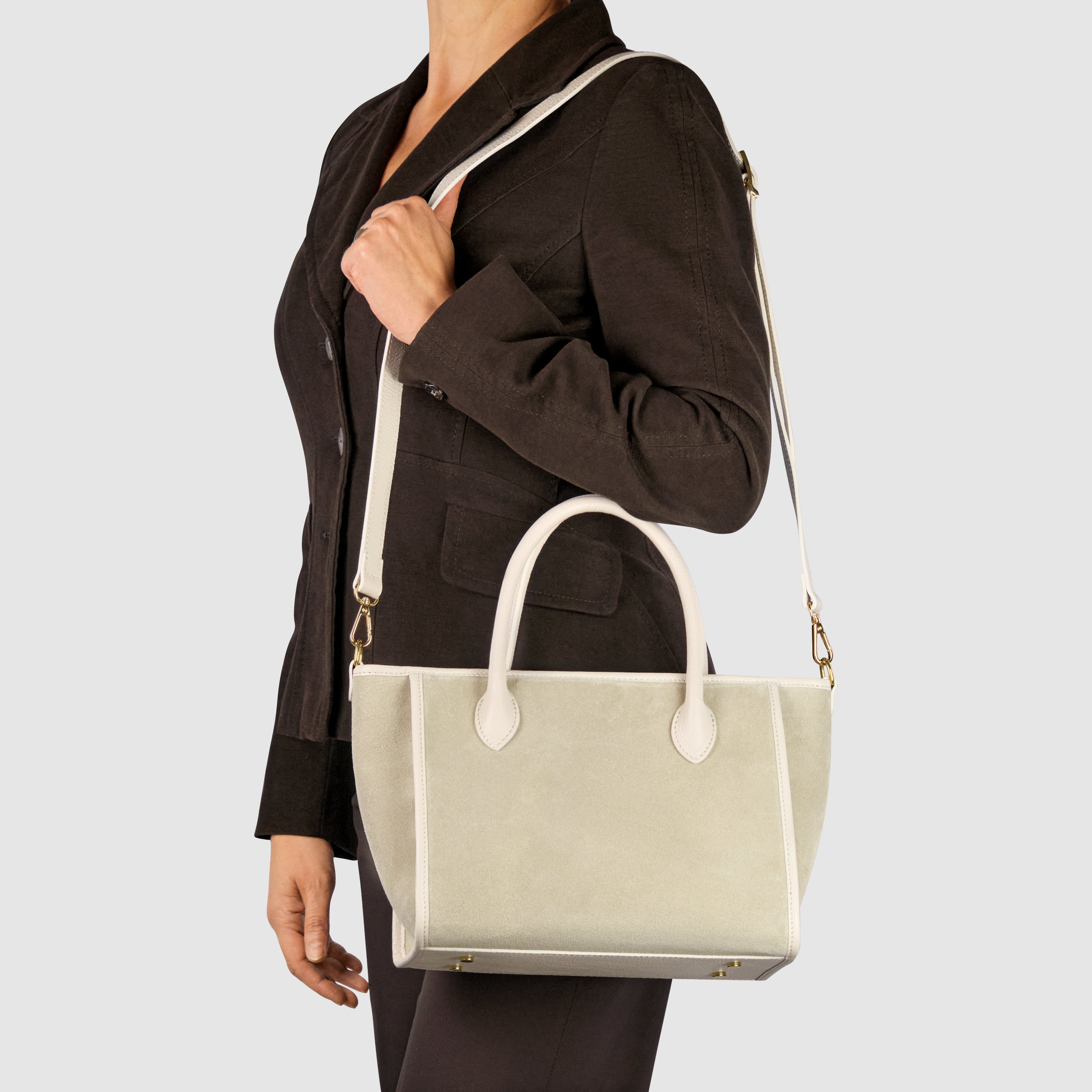 Italian Genuine Suede Top-Handle Bag in Brown and Tan