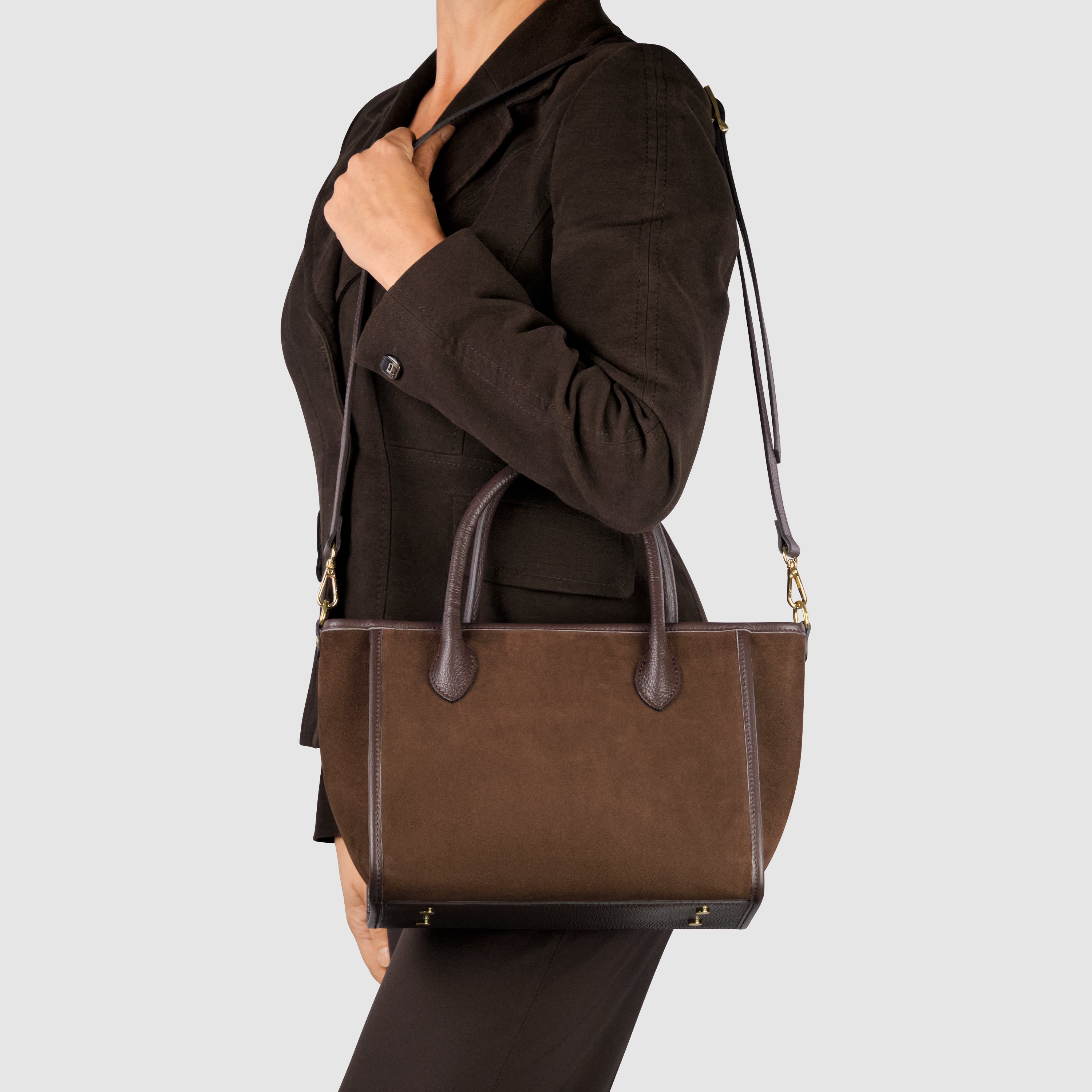 Italian Genuine Suede Top-Handle Bag in Brown and Tan