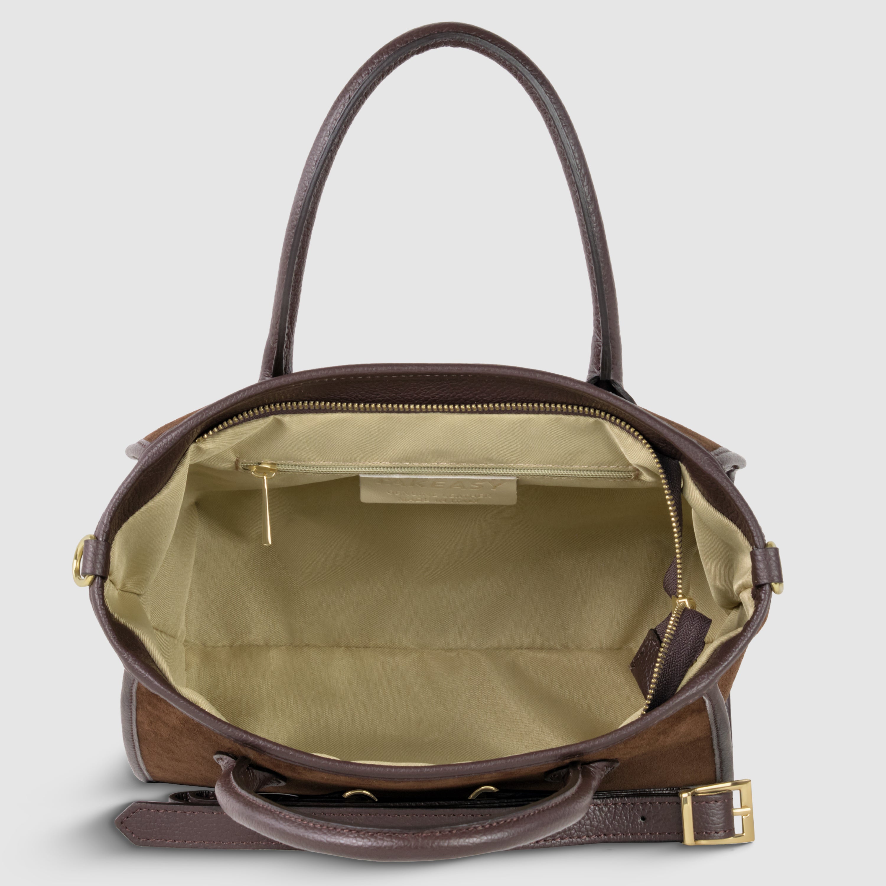 Italian Genuine Suede Top-Handle Bag in Brown and Tan