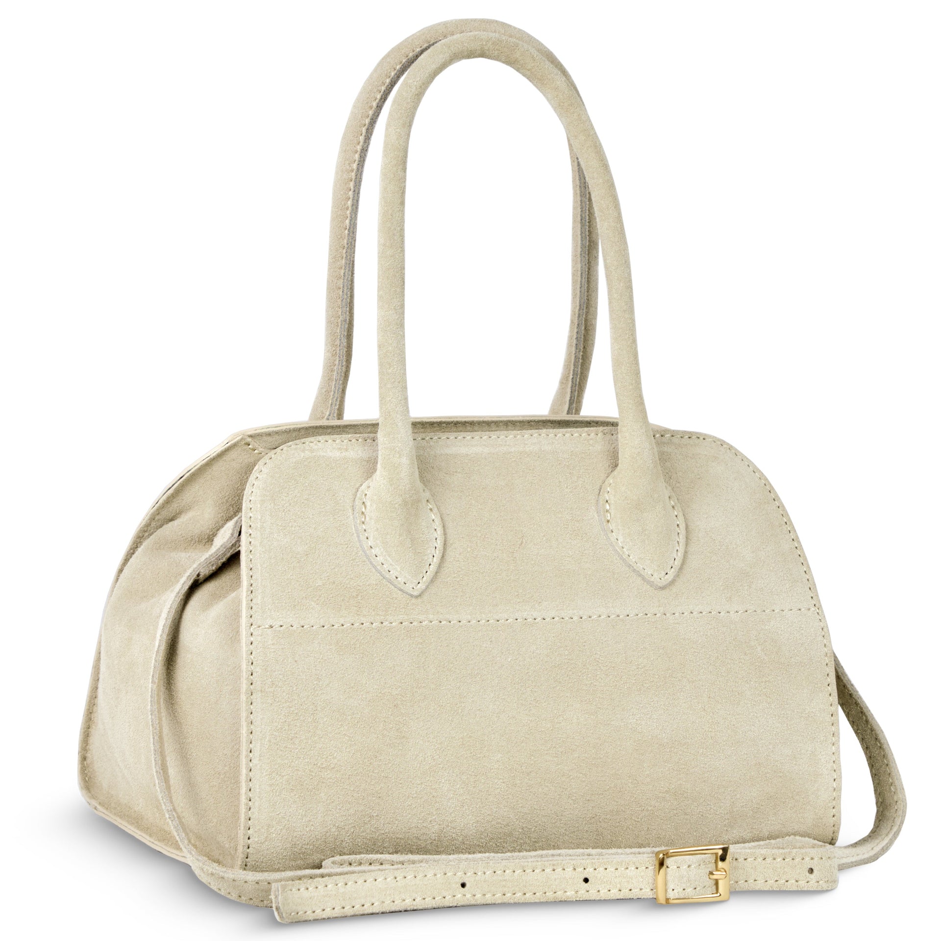 Compact Italian genuine suede handbag with dual handles and crossbody strap in olive green