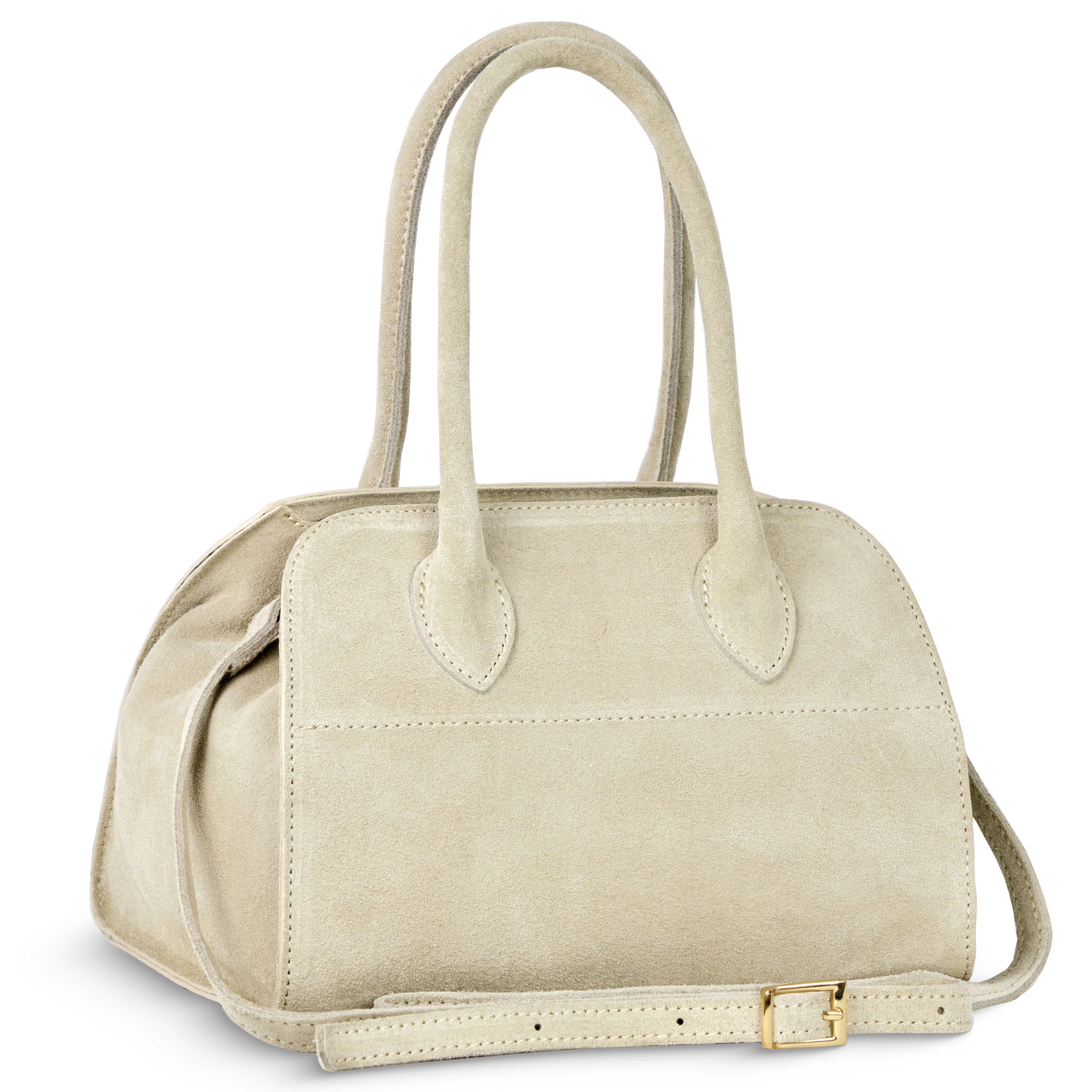 Compact Italian genuine suede handbag with dual handles and crossbody strap in olive green